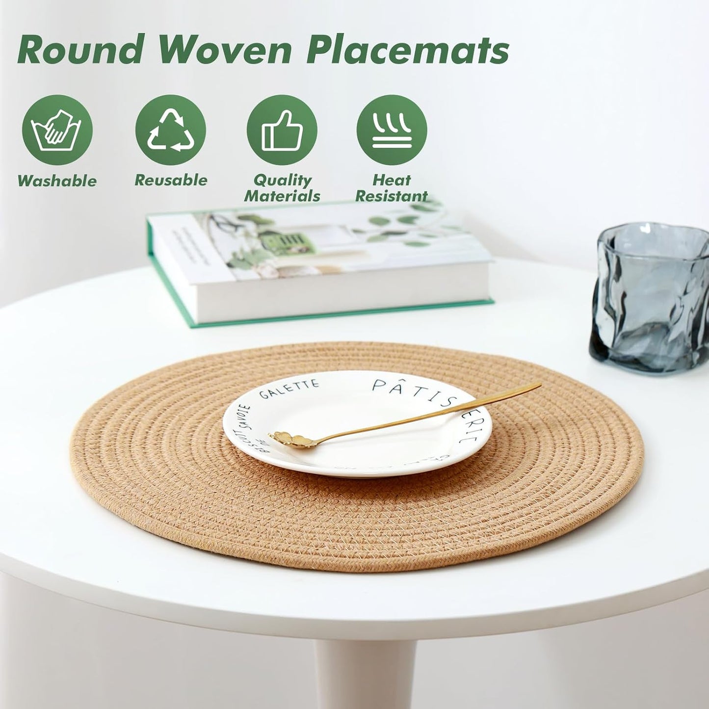 Round Woven Placemats Set of 8 Heat Resistant Placemats 13.5 Inches Farmhouse Cotton Rope Place Mats for Dining Tables
