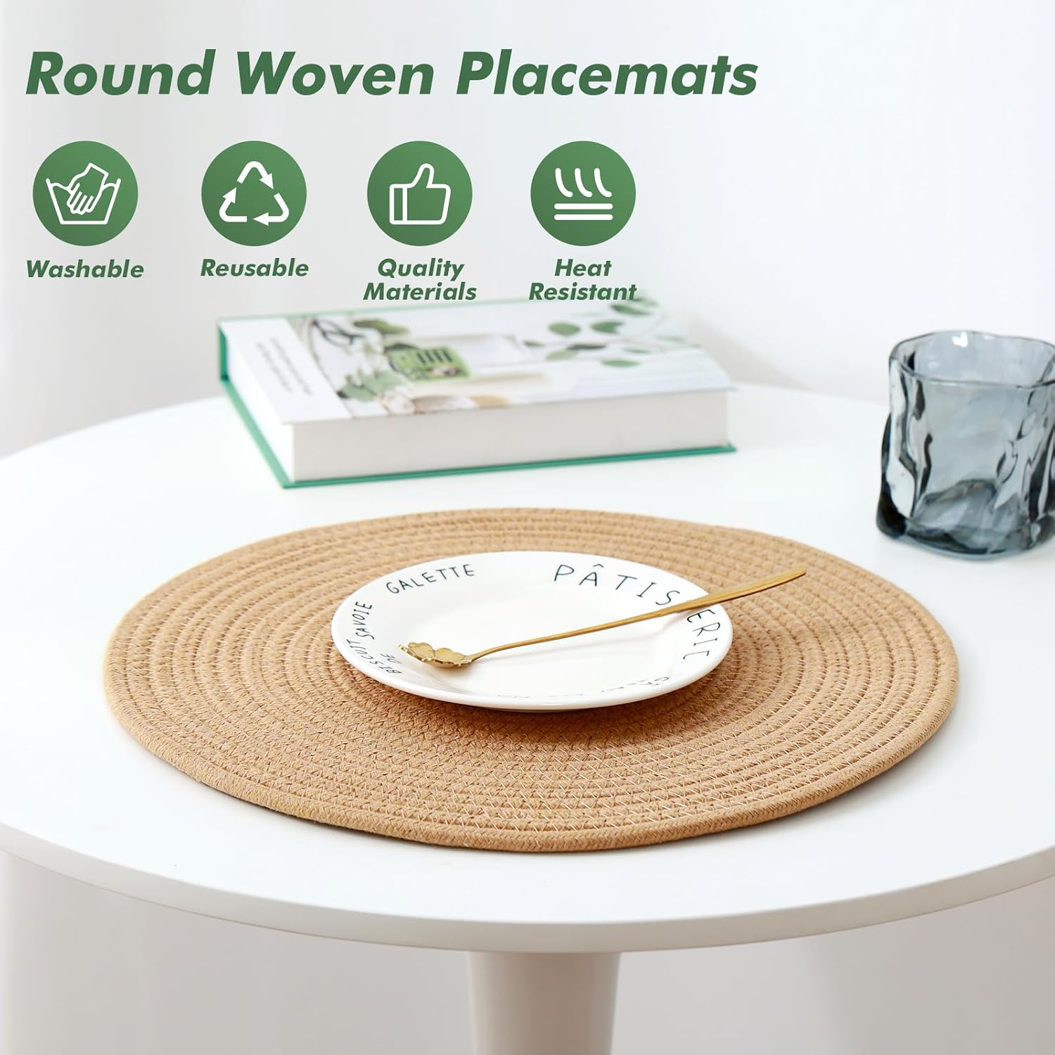 Round Woven Placemats Set of 8 Heat Resistant Placemats 13.5 Inches Farmhouse Cotton Rope Place Mats for Dining Tables