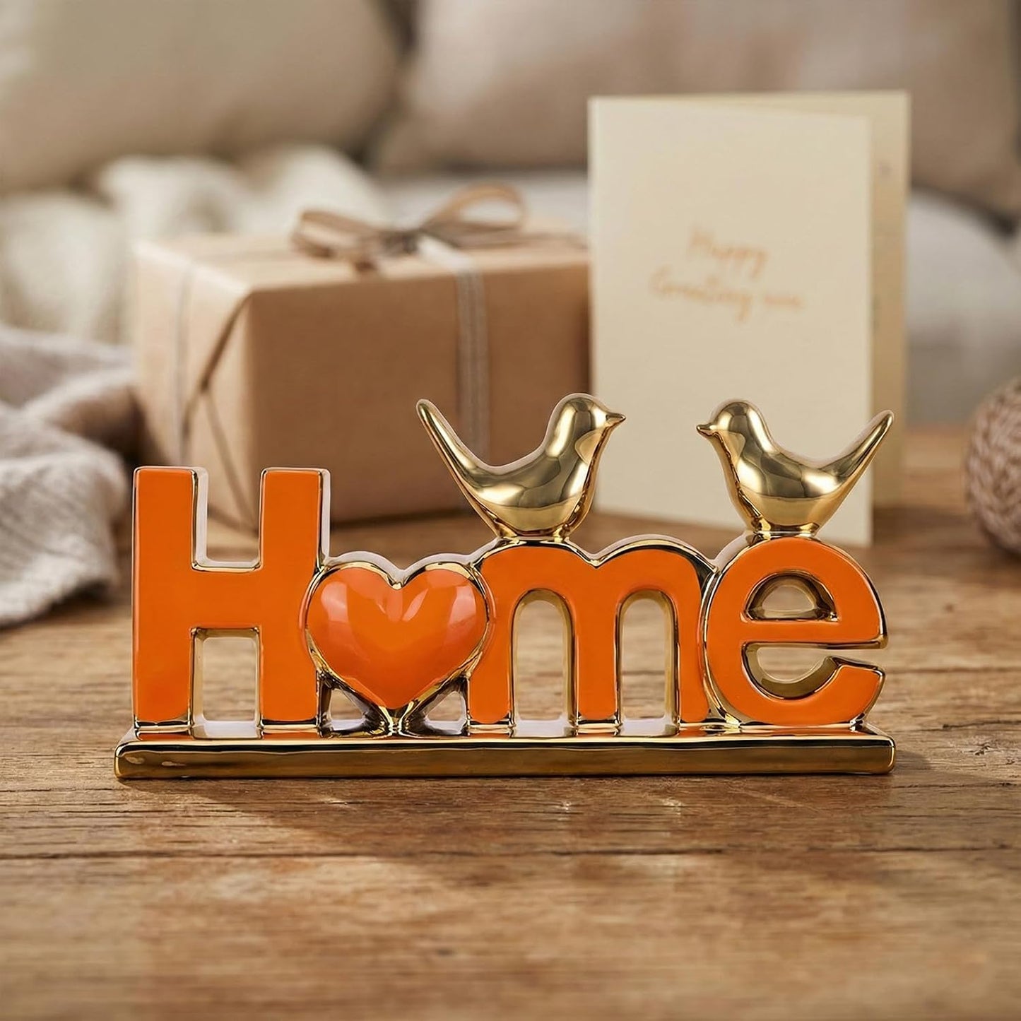 Ceramic Bird Statue / Orange Gold
