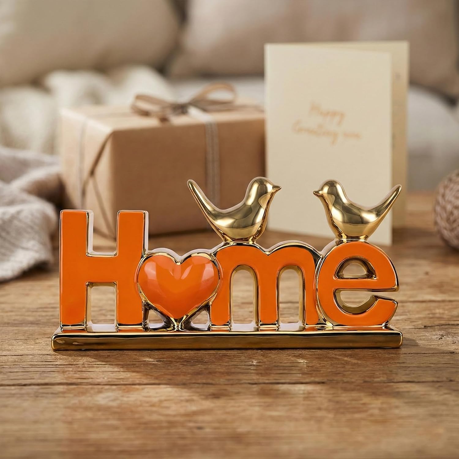 Ceramic Bird Statue / Orange Gold