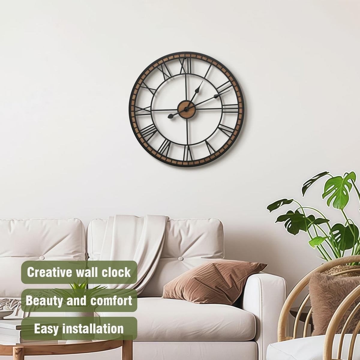 Micasso Decorative Wall Clock: 20 inch Modern Farmhouse Battery Operated | Black Metal with Wood Frame - Roman Numeral