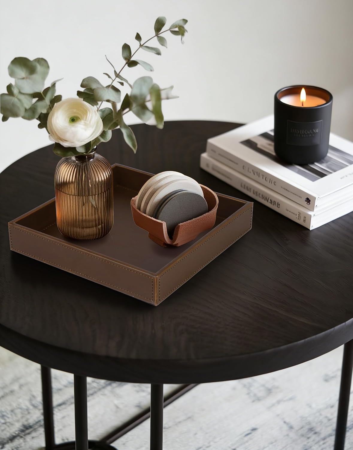 Faux Leather Vanity Tray / Brown / 10 x 10 x 1.8