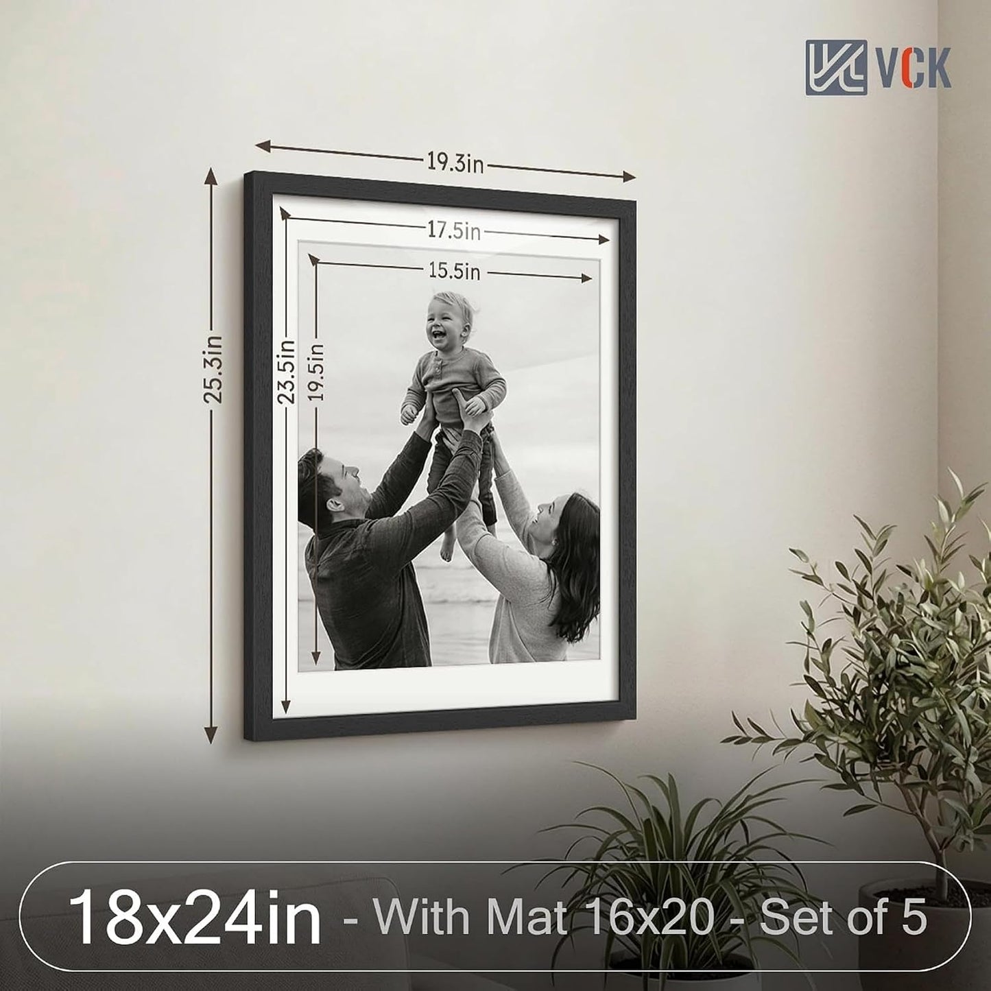 VCK 18x24 Poster Frame Black - 5 Pack, with Wood Grain Finish & Plexiglass, Displays 16x20 Photo with Mat or 18 x 24