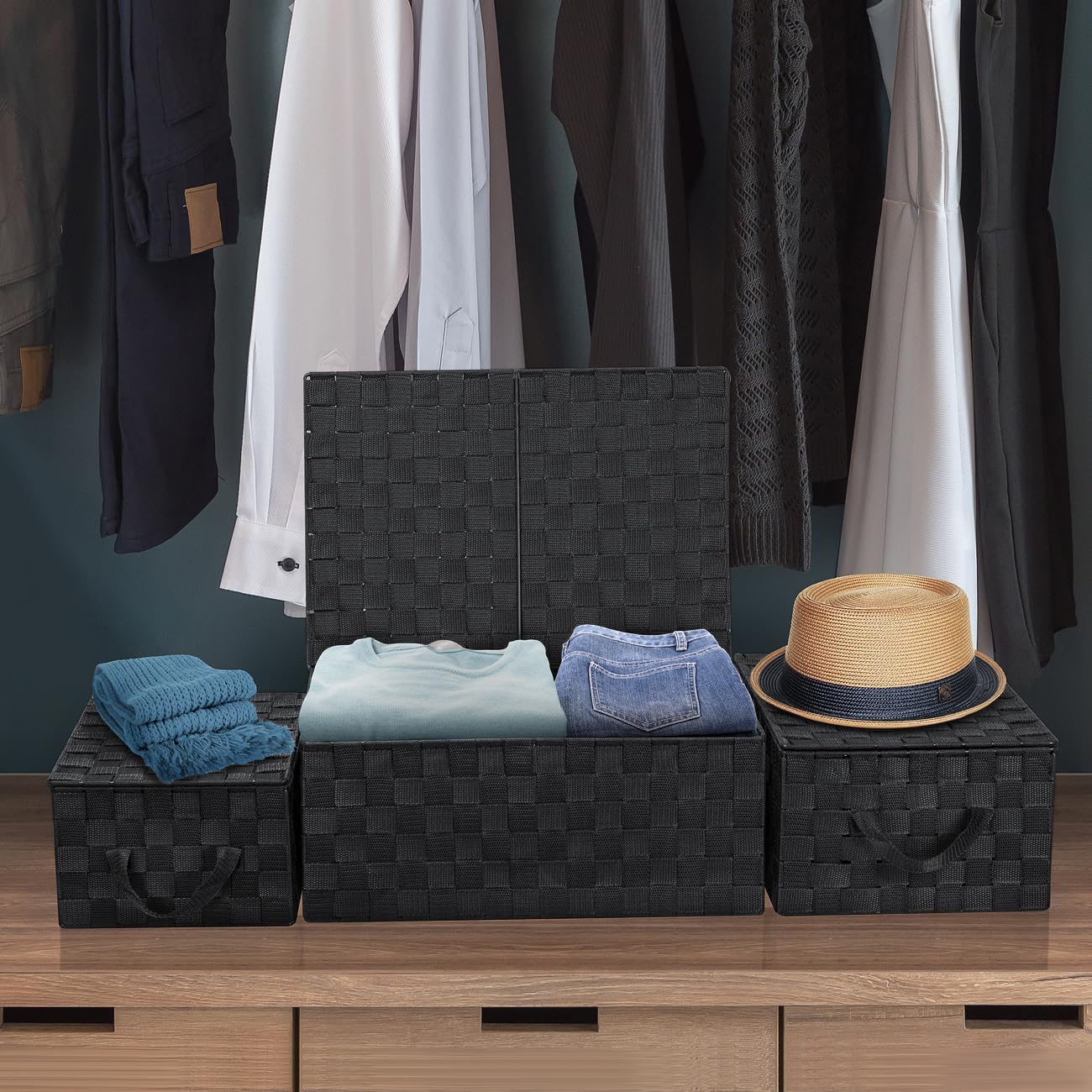 Hand-Woven Storage Baskets / Woven Lid Baskets - Black / Set of 3