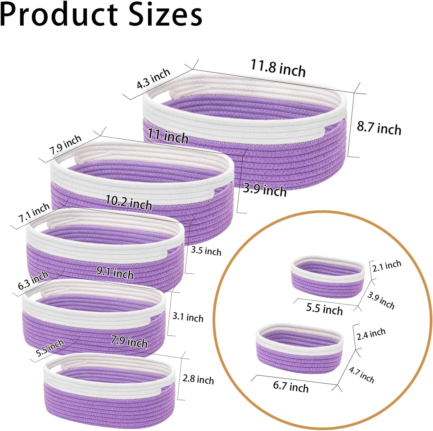 7 Piece Cotton Rope Woven Basket Set / OFF WHITE & PURPLE