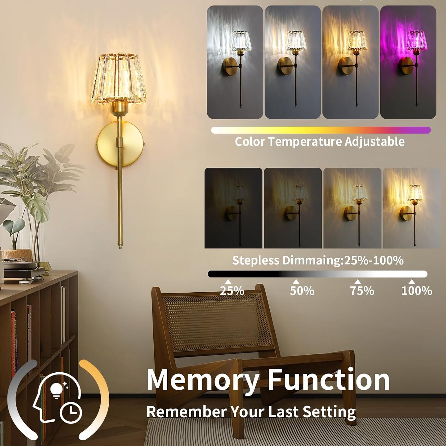 Battery Operated Crystal Wall Sconce Set of 2, Gold Rechargeable Wireless Wall Sconces with Remote Dimmable 12 Colors
