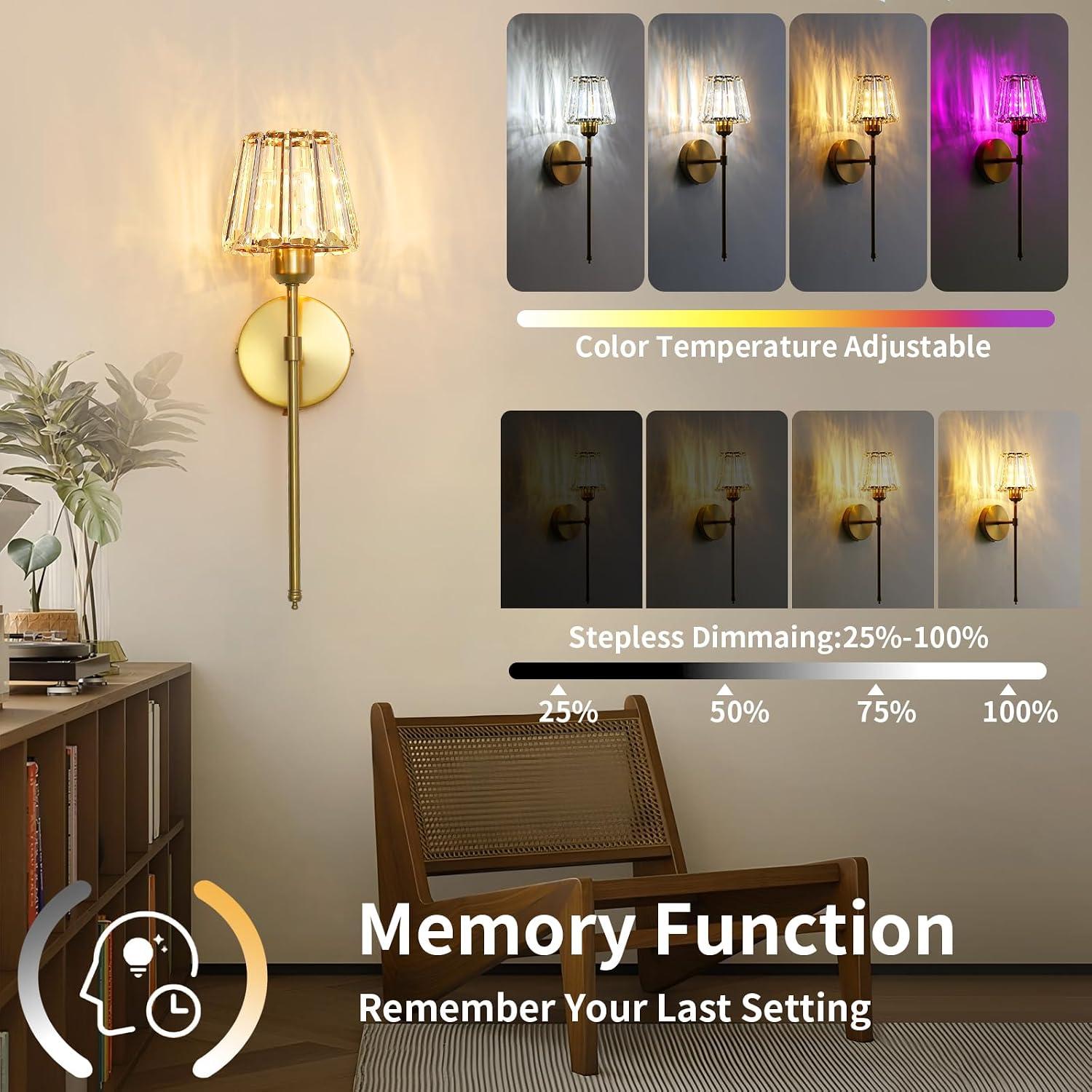 Battery Operated Crystal Wall Sconce Set of 2, Gold Rechargeable Wireless Wall Sconces with Remote Dimmable 12 Colors