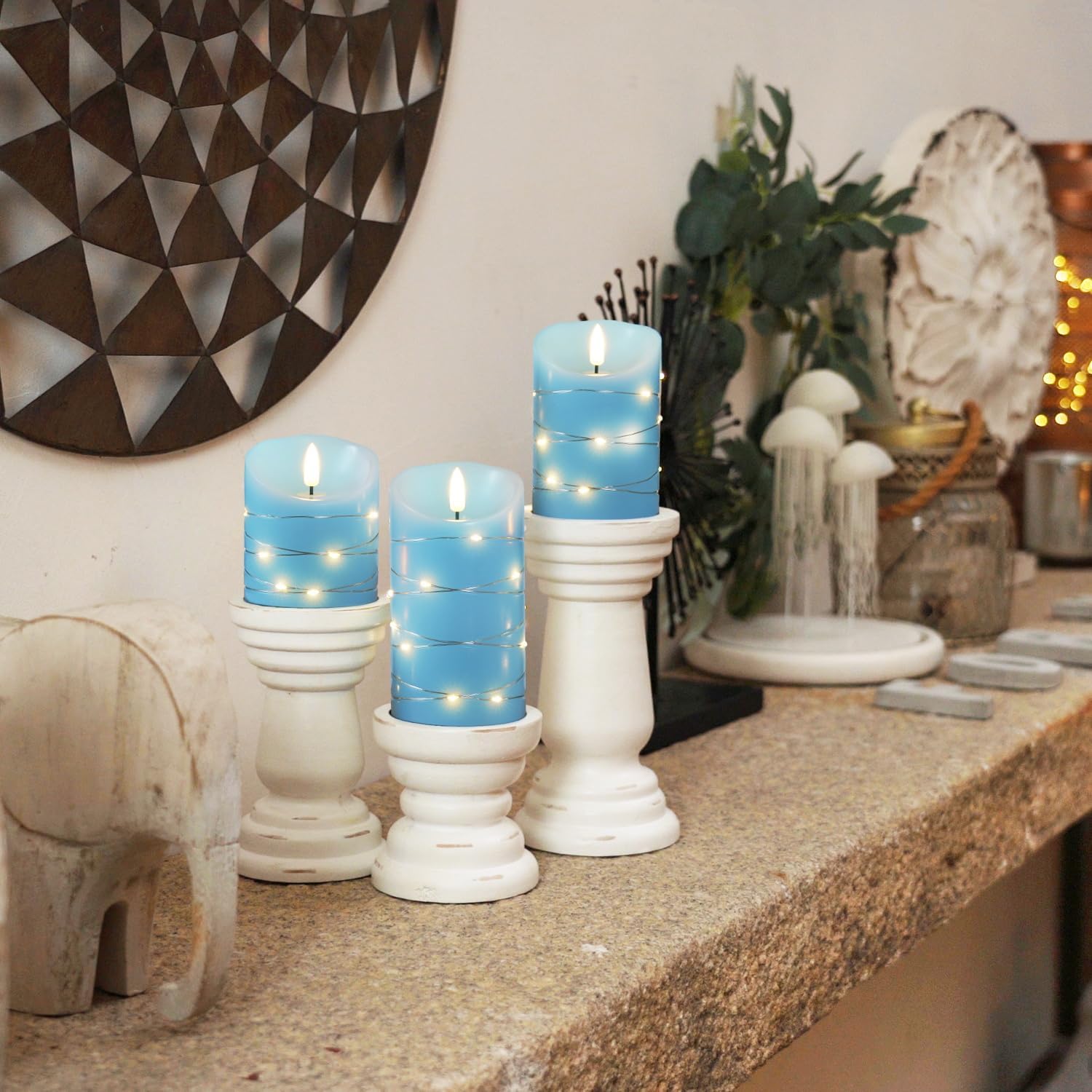 Homemory Flameless Candles with String Lights, 3 Pack Embedded Fairy String Lights LED Candles, Electric Flickering