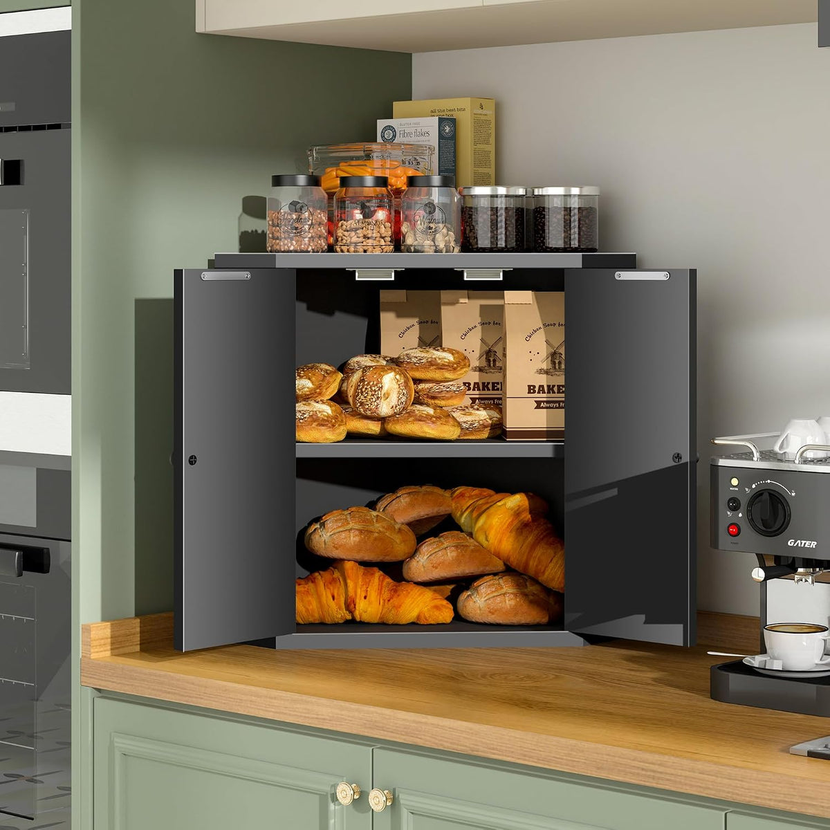 Corner Bread Box for Kitchen Countertop,Storage Container for Homemade Bread, Double Layer BreadBox, Large Capacity