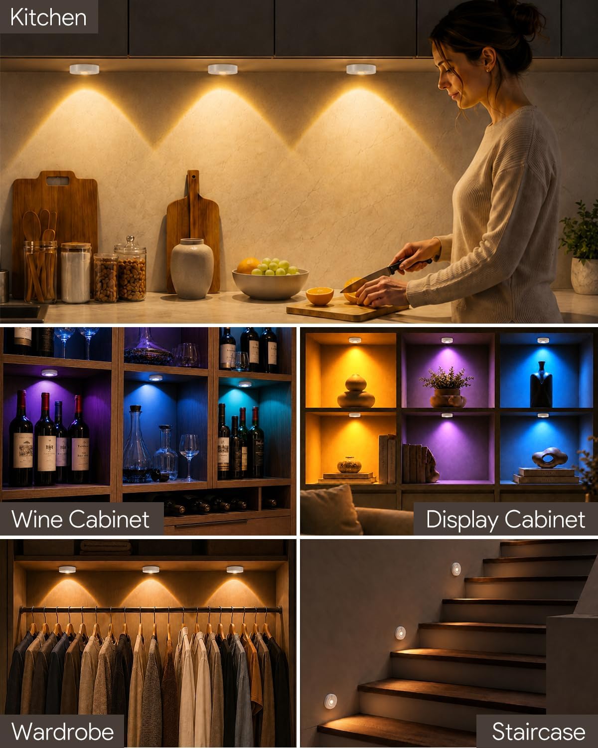 Yiliaw Under Cabinet Rechargeable Puck Lights with Remote,Multi-Use Under Cabinet Lighting for Kitchen