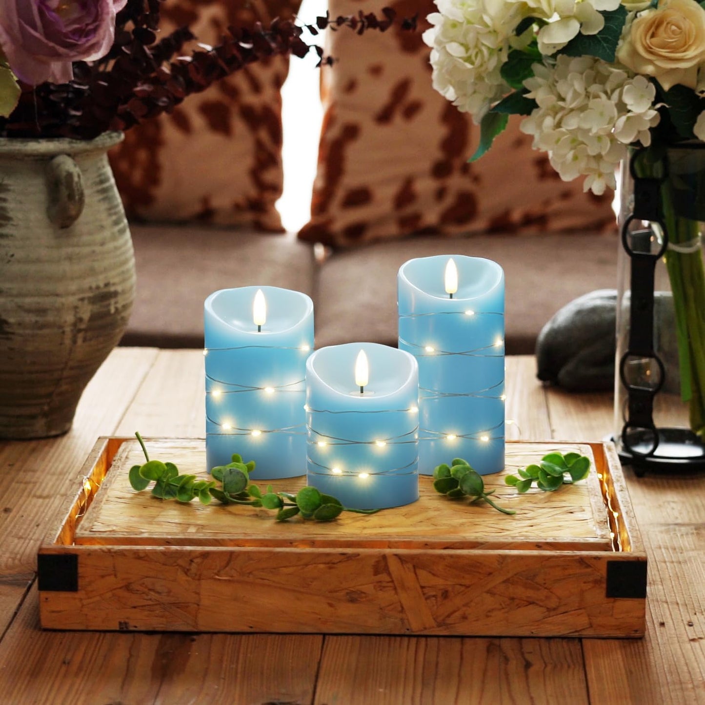Homemory Flameless Candles with String Lights, 3 Pack Embedded Fairy String Lights LED Candles, Electric Flickering