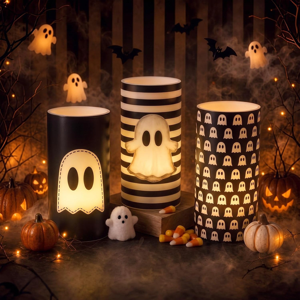 Woanger 3 Pcs Halloween LED Flameless Candles Retro Ghost Flickering