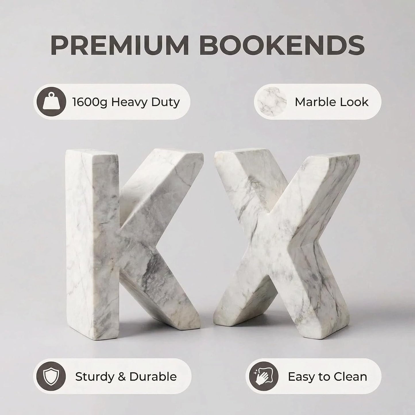 Decorative Concrete Bookends / Marble-Patterned Letter Bookends for Heavy Books