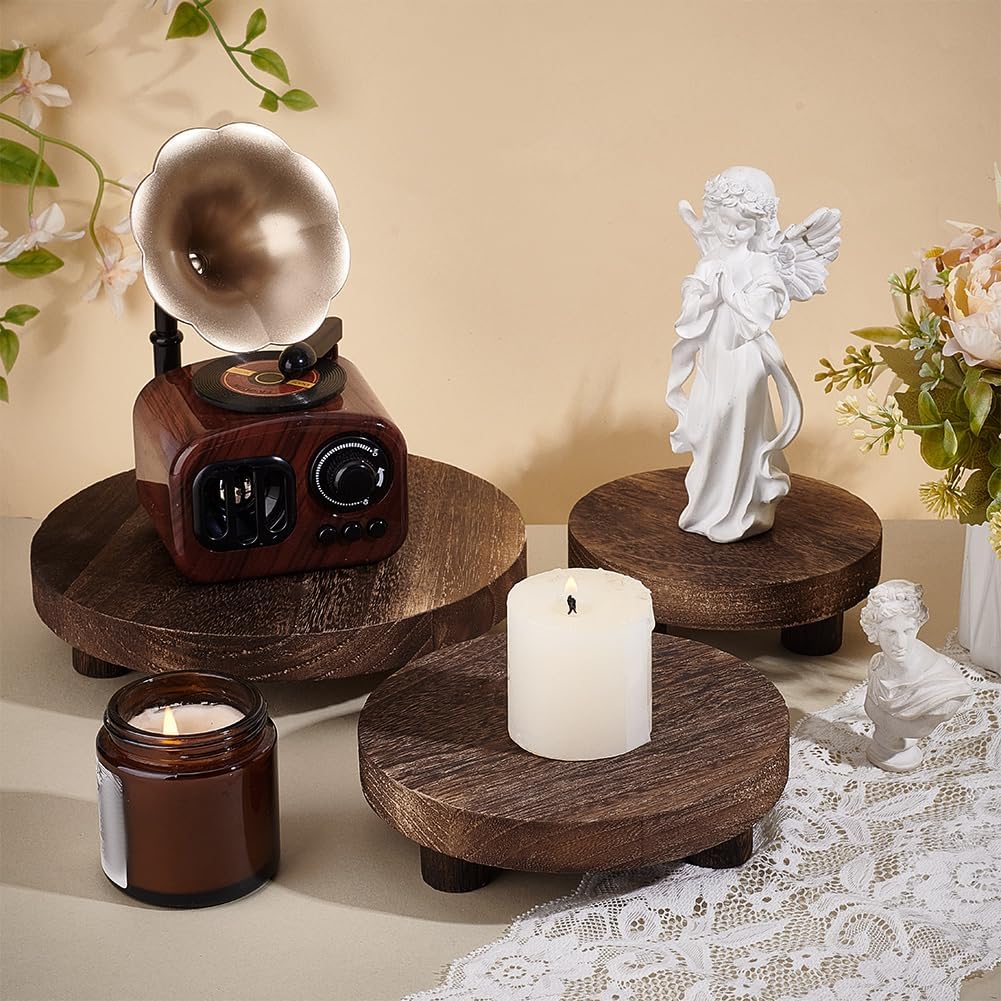 Wood Risers for Decor Flat Round Wood Display Base Riser Stand Wood Pedestal Rustic / Set of 3