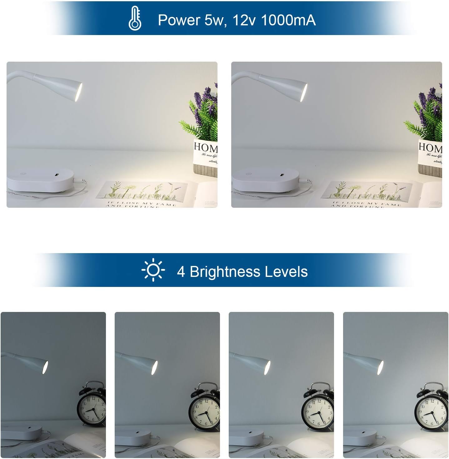 Wall Mount Reading Light, Focused Book Light for Reading in Bed, 5 Dimming, USB Output, 4 Hours Auto Off, Touch