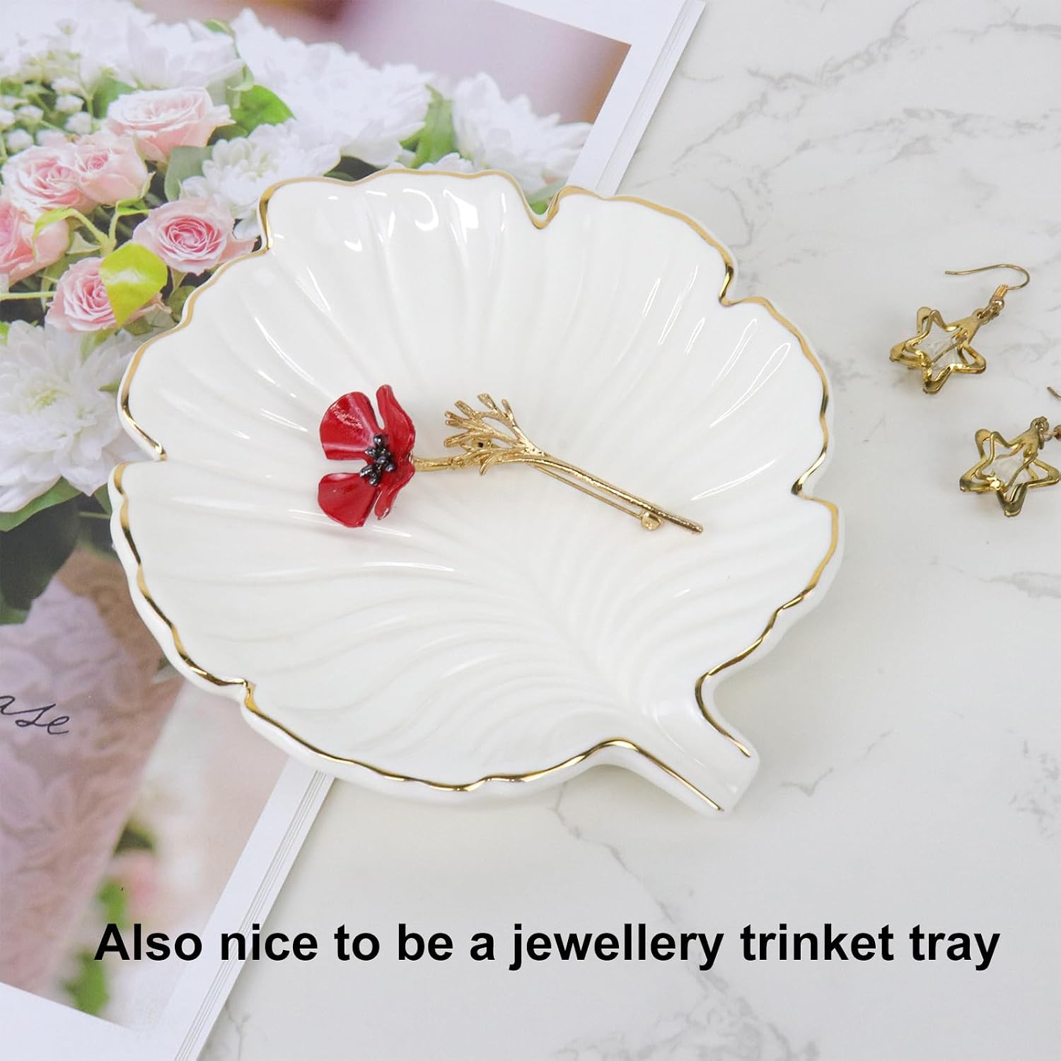 Ceramic Soap Dish Holder in Palm Leaf Style / White