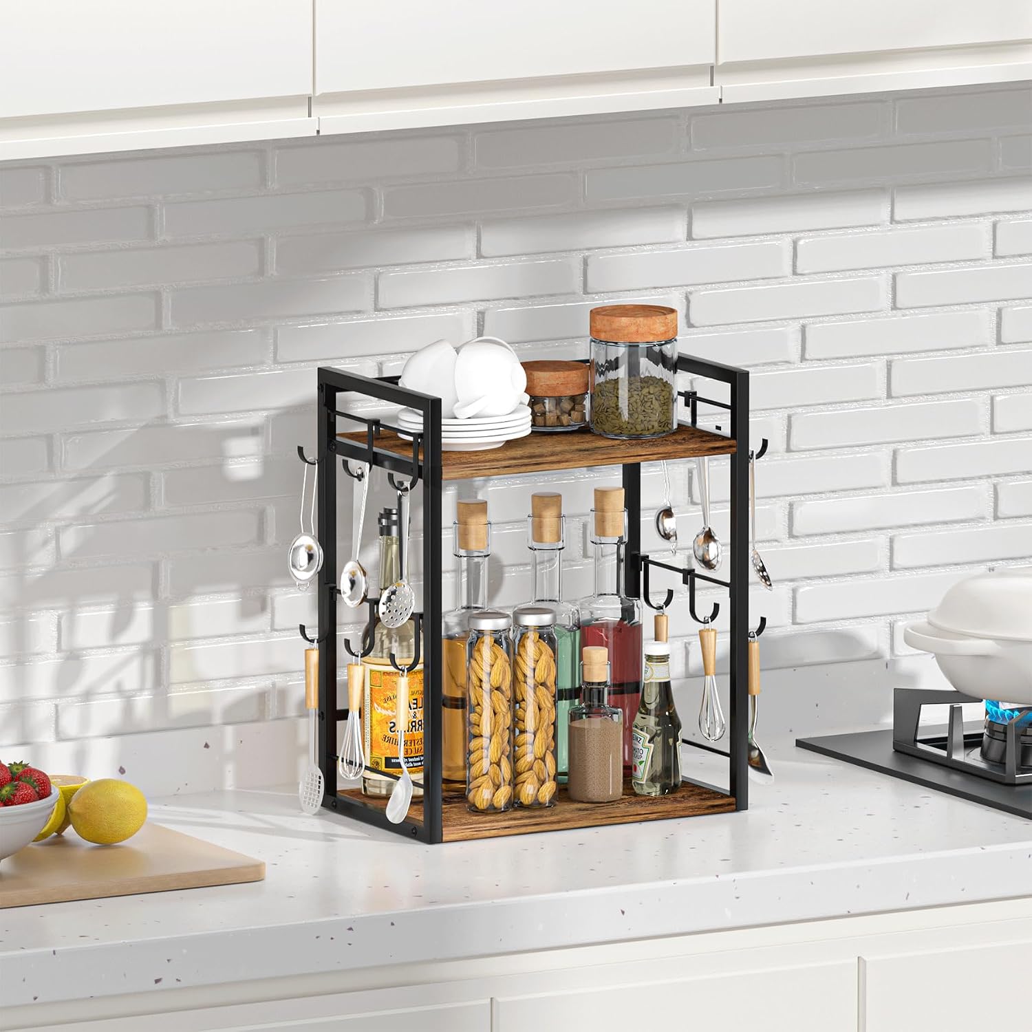 Dorhors Coffee Bar Organizer,Mug Holder,Station Organizer Kitchen Counter | 2 Tier Rustic Brown Wood Coffee Bar
