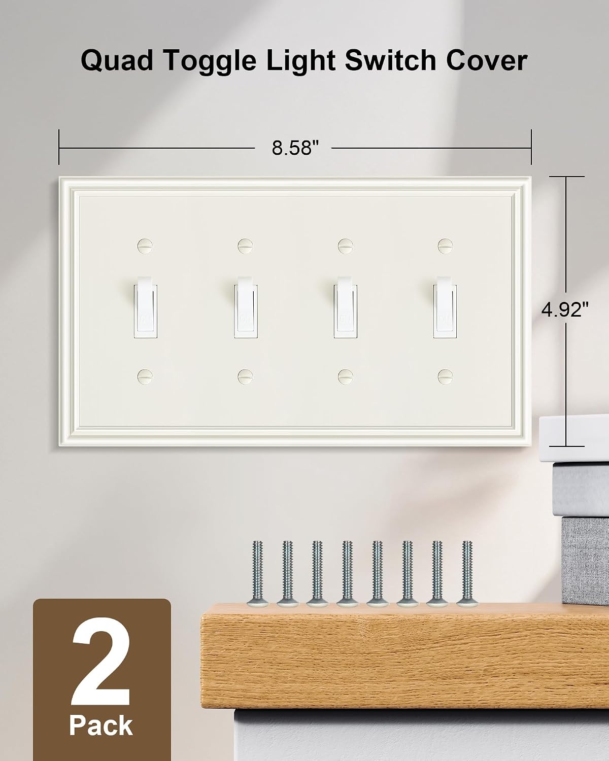 2-Pack Zinc Alloy Quad Toggle Light Switch Cover Plate, Solid Switch Cover | Durable Decorative Switch Plate Covers, 4