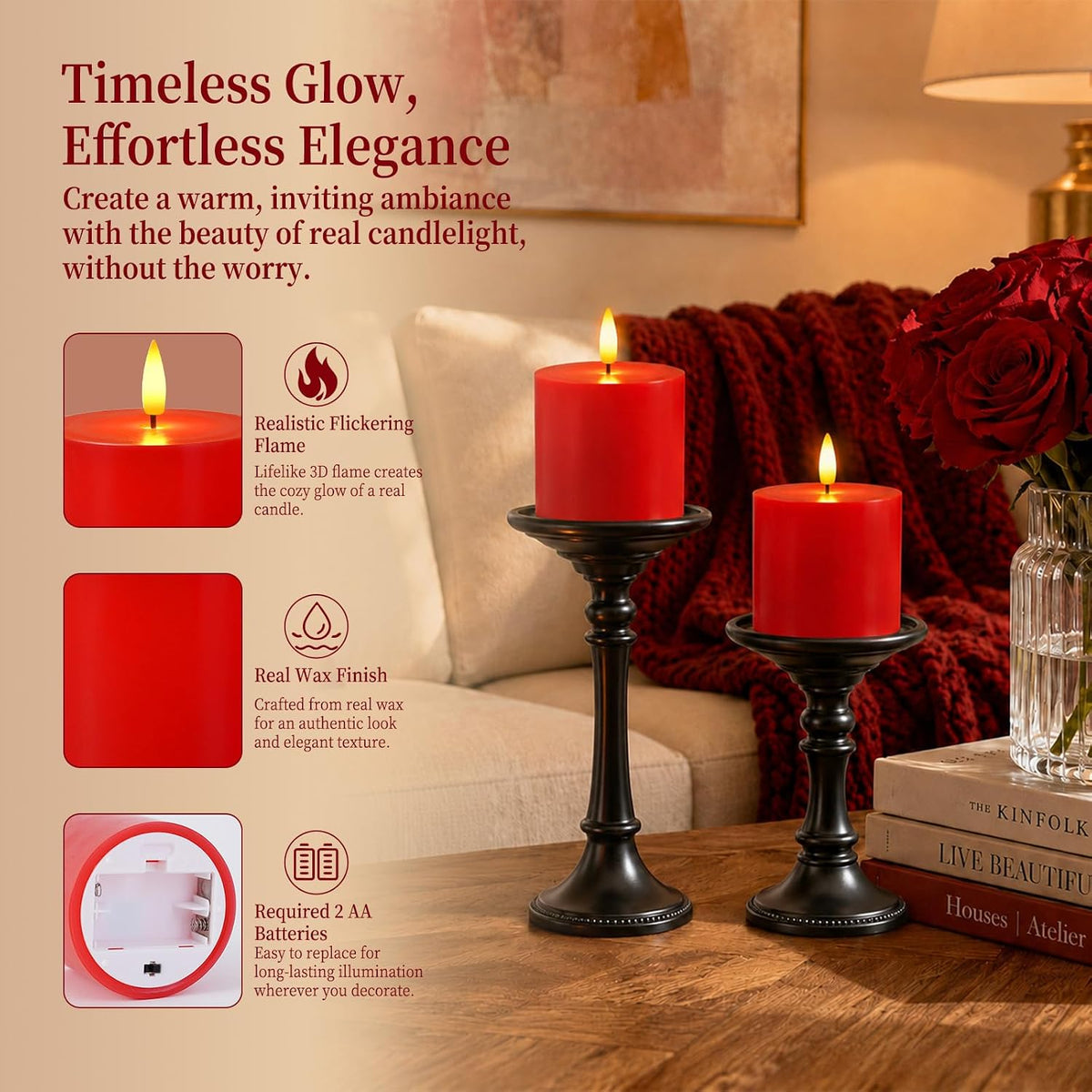 Homemory 3x3 Red Flameless Candles Battery Operated with Remote Timer, 2PC | Real Wax LED Pillar Candles with Realistic