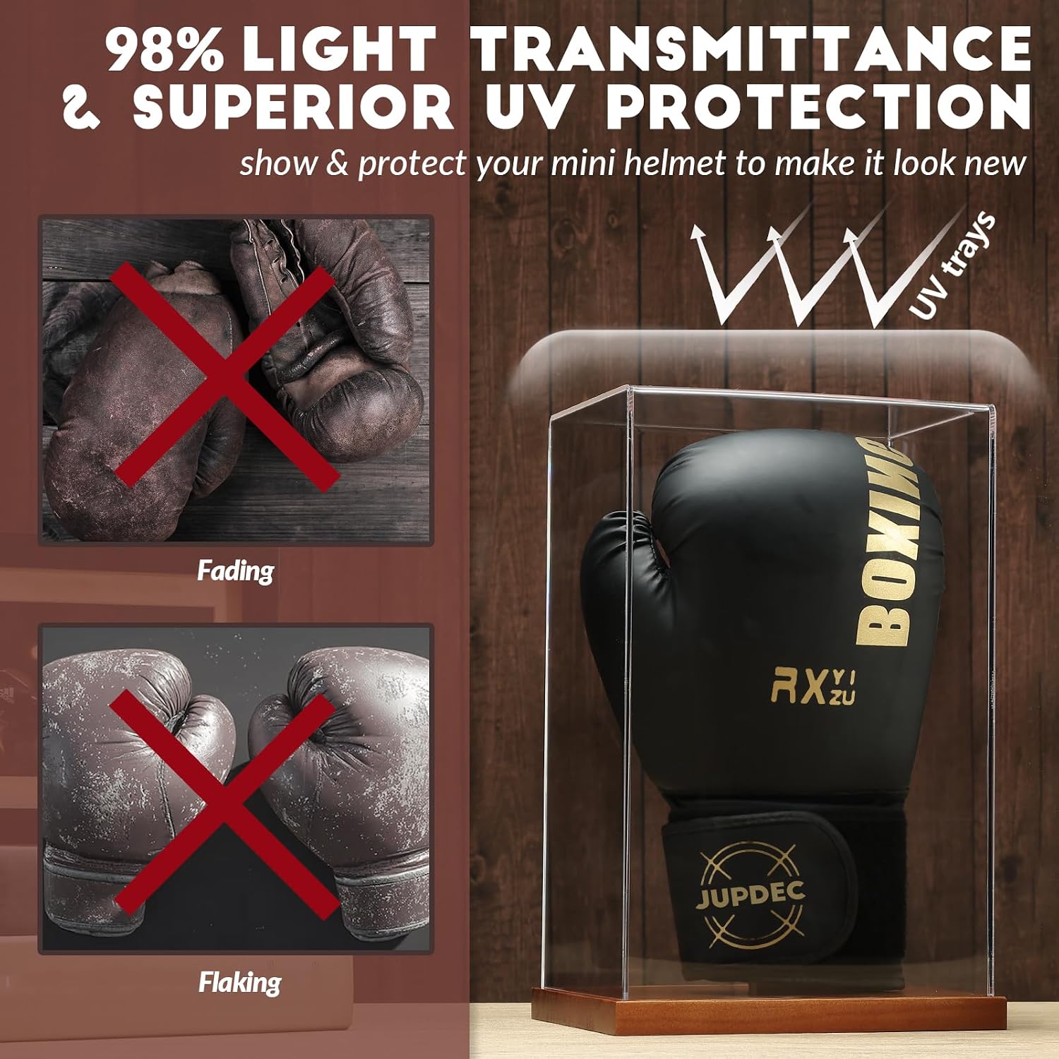 Boxing Glove Display Case, Clear Acrylic Showcase with Wood Base & Plank for Single Glove, Full Size UV Protection