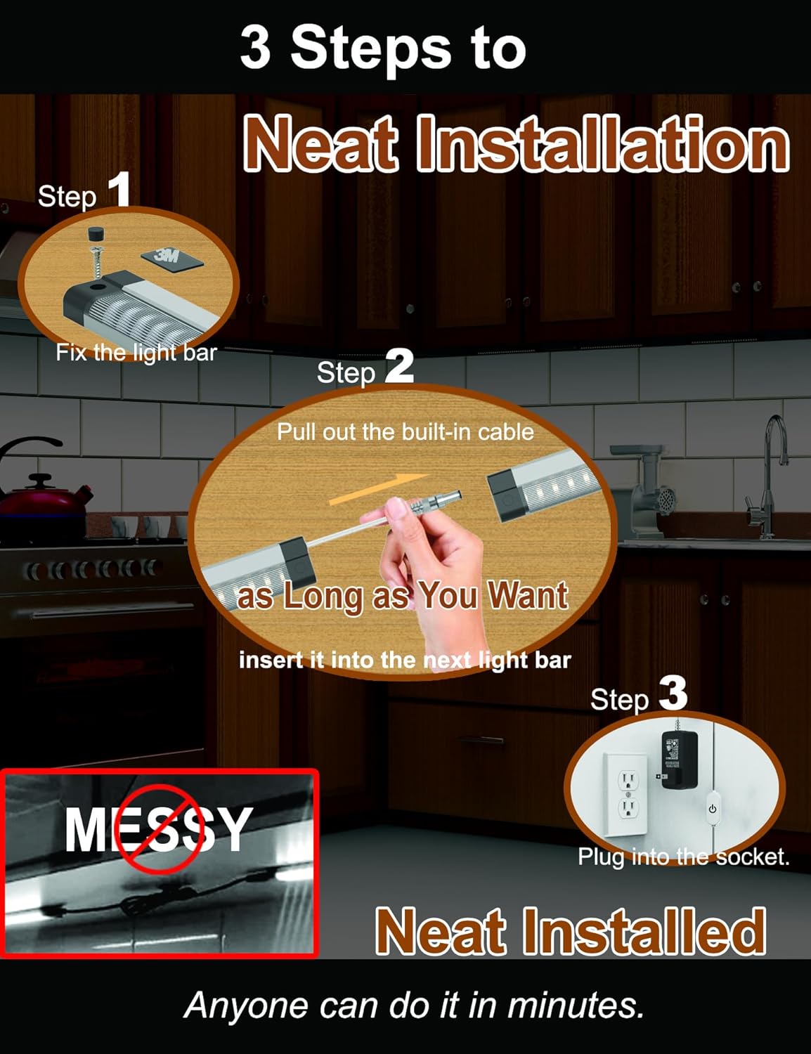 EBD LED Shelf Lights for Bookshelf 4-Way 48” Splitter Parallel Under Cabinet Lighting Built-in Adjustable Cable Kitchen