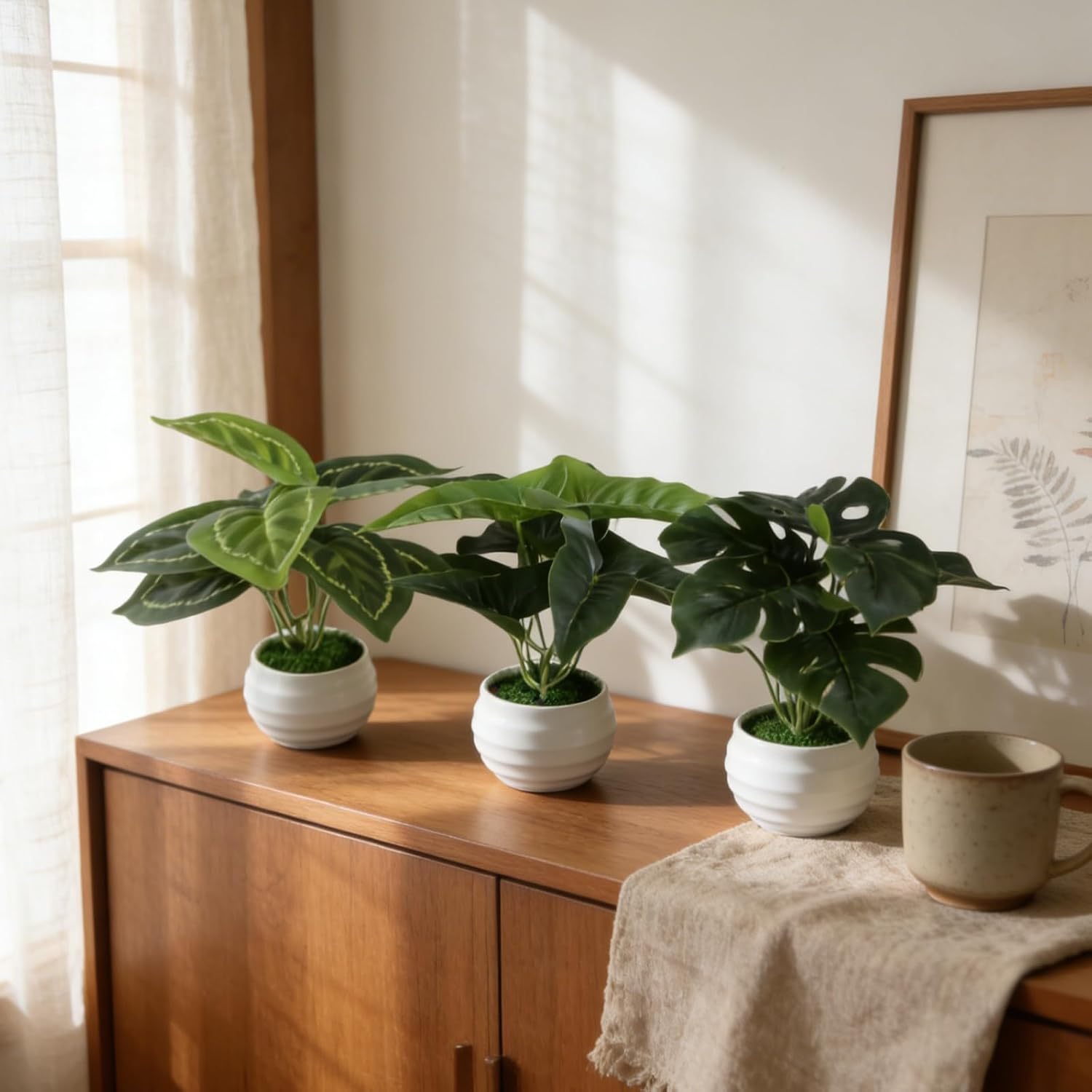 7" Small Artificial Plants in Ceramic Pots / Style 2 / Green / Set of 3