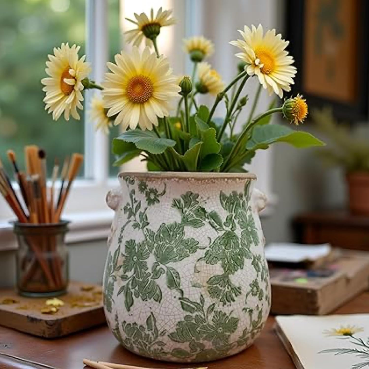Vintage Ceramic Vase / Large - Belly Jar with Drainage Hole / Green