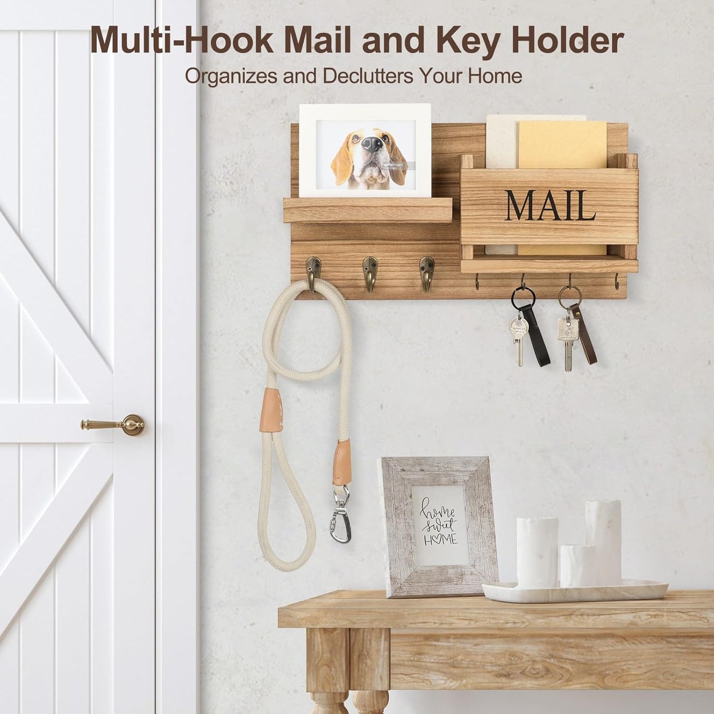 Shelf Includes Letter Holder and Hooks for Hallway Farmhouse / Wood