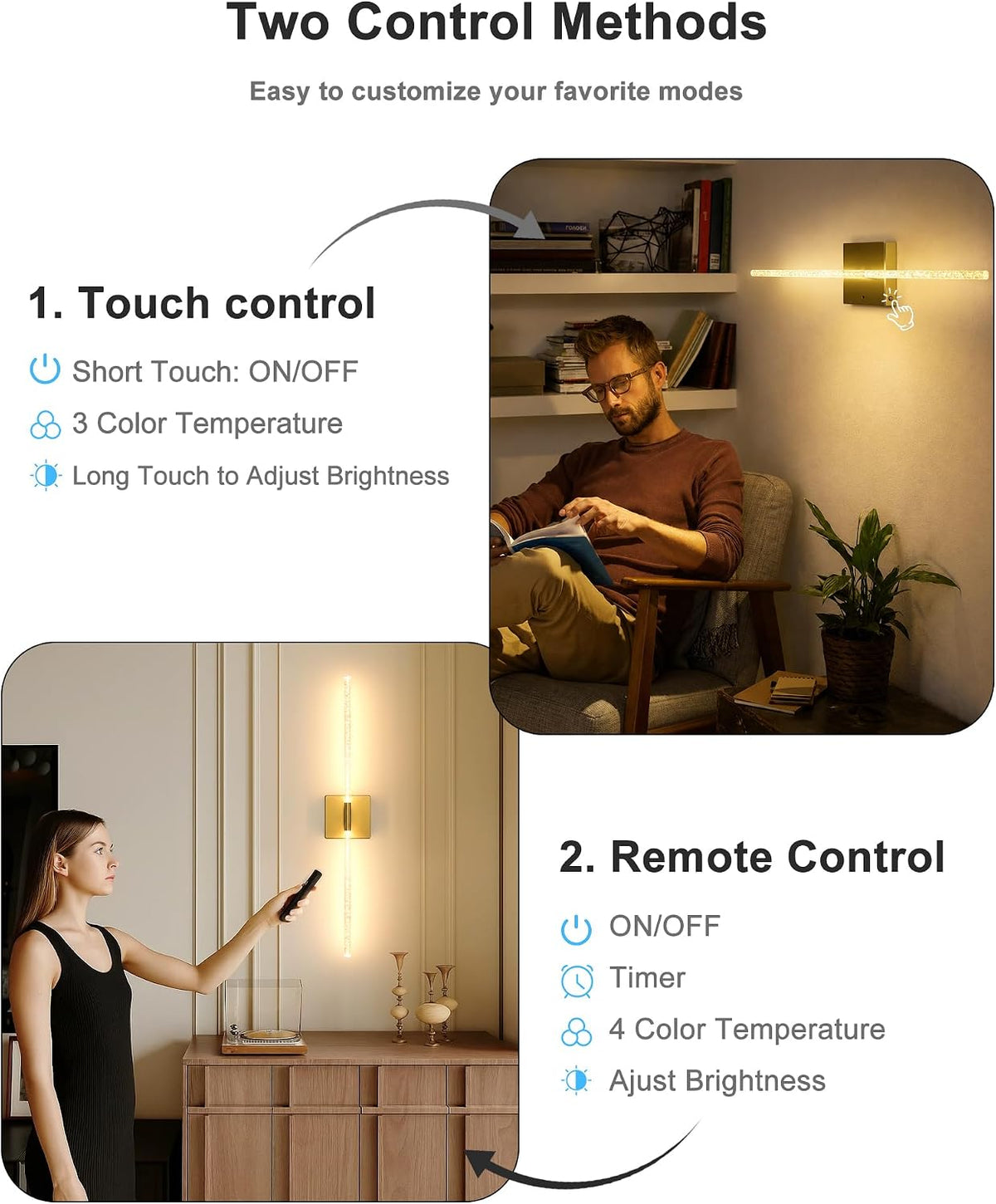 Wall Sconce Set of 2: Gold Rechargeable Wireless Magnetic Install, Crystal | 10000mAh Battery Operated, 360° Rotatable