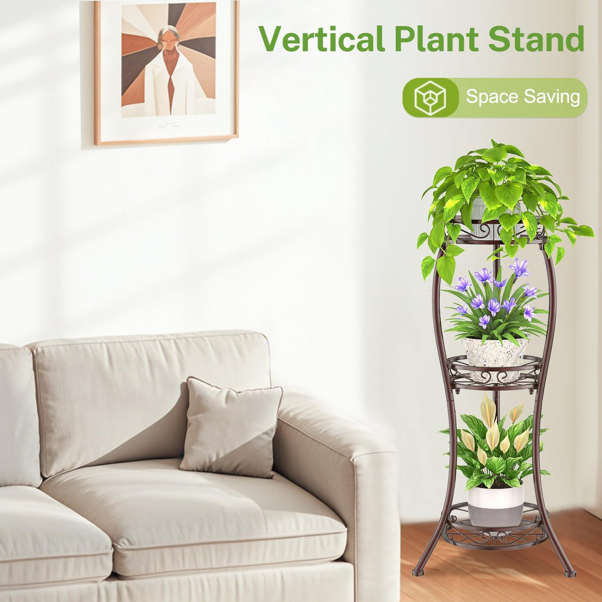 iDavosic.ly 3 Tier Metal Plant Stand Outdoor Indoor, 34 Inch Tall, Bronze | Corner Flower Pot Holder Shelf, Wrought