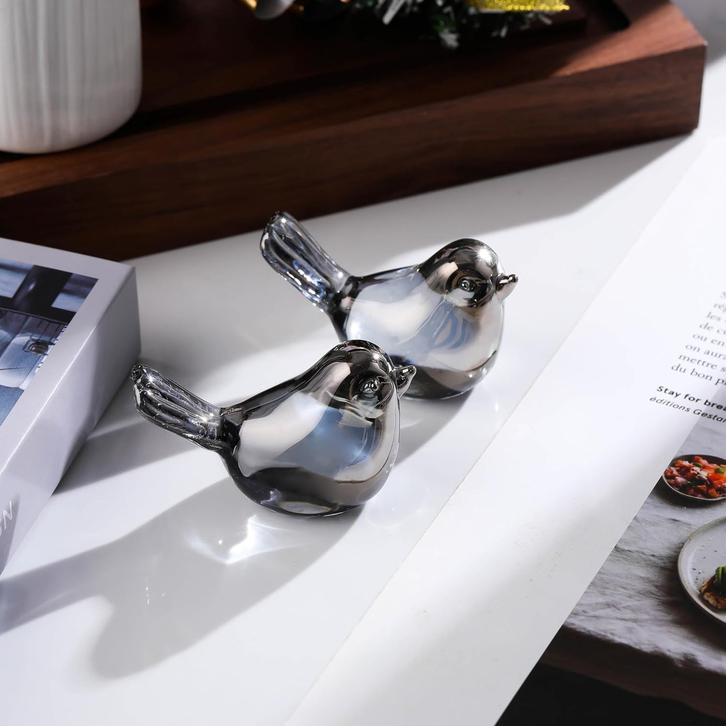 Handmade Blown Glass Birds Animals Figurines Crystal Office Desk Table / Grey / Set of 2