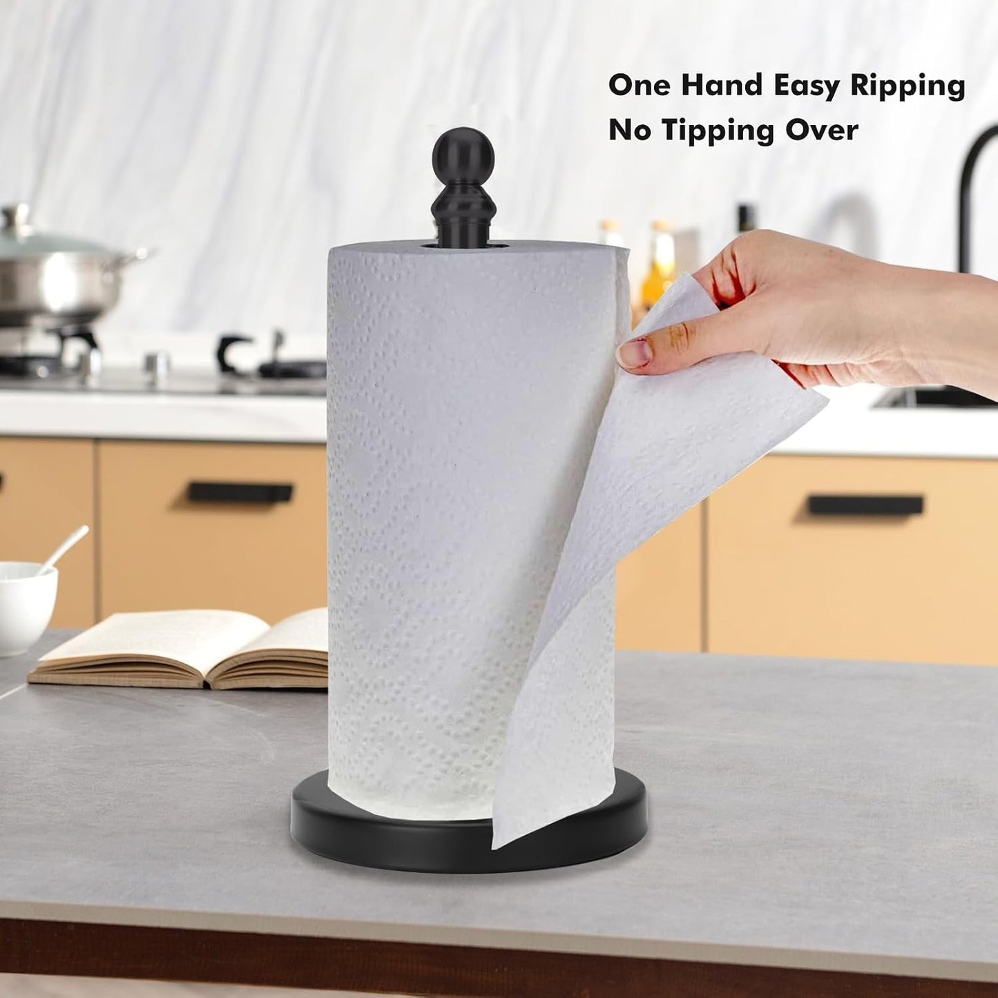 Black Paper Towel Holder Countertop, Standing Paper Towel Roll Holder for Kitchen Bathroom, with Weighted Base for