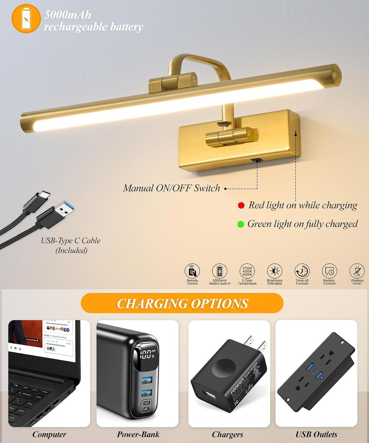 Wireless Picture Light for Wall, Rechargeable Light for Pictures with Remote & Timer, 16 Inch Dimmable Gold Art Light