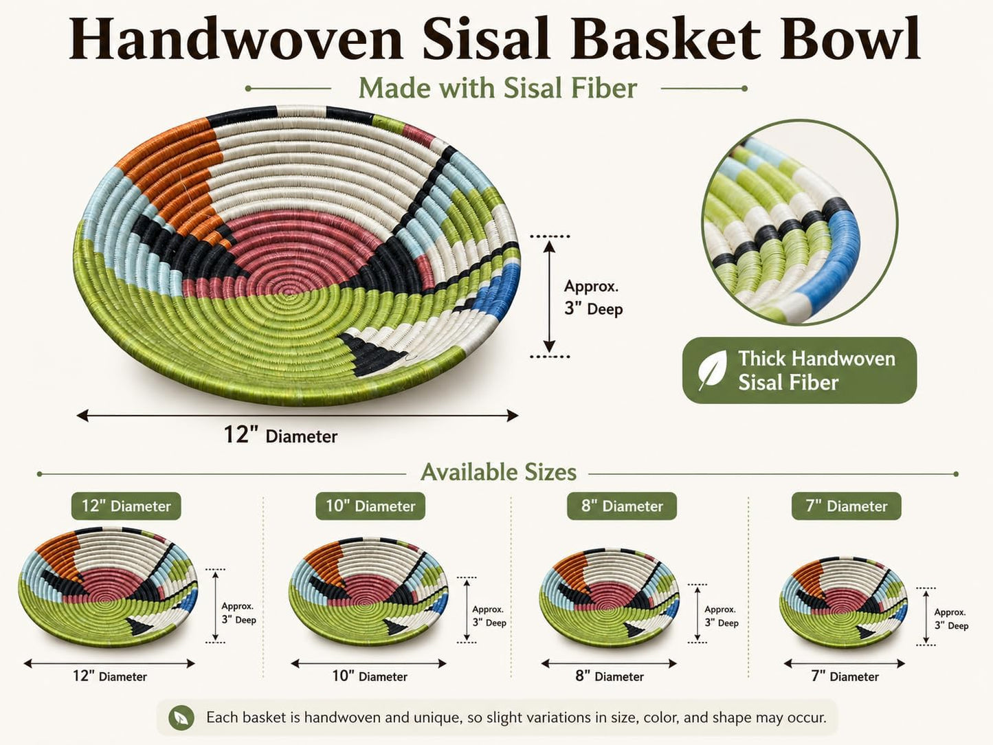 Handwoven African Sisal Basket Bowl Handmade Woven Fruit Bowl / Green Burgundy / 10in Diameter