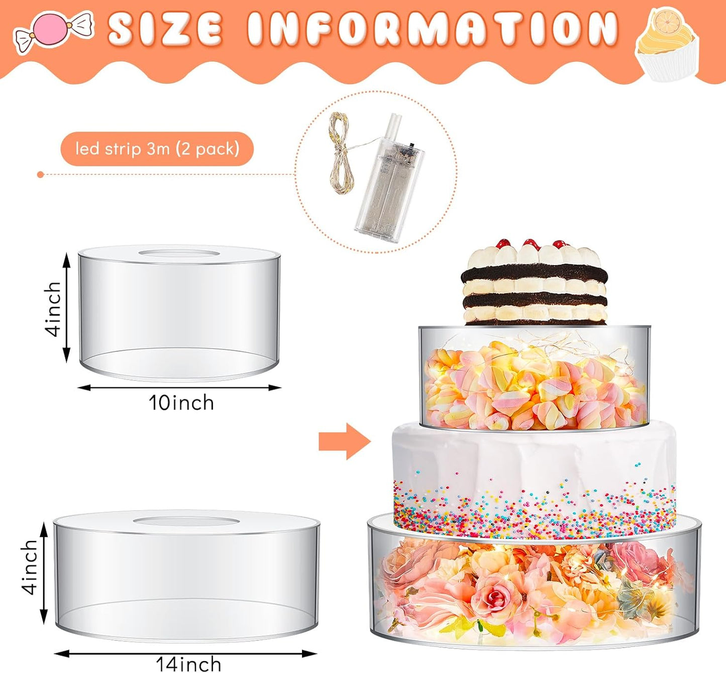 Sunnyray 2 Pcs Acrylic Cake Stands for Dessert Table Clear Fillable Cake Riser Cupcake Tier with LED Strings for
