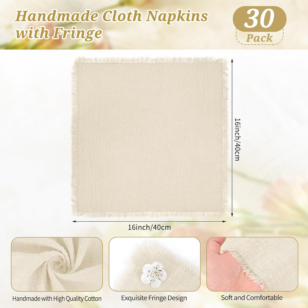 Pesonlook 30 PCS Cotton Linen Napkins with Fringe,16x16Inch, Natural Linen | Handmade Napkins Cloths, Tassel Design