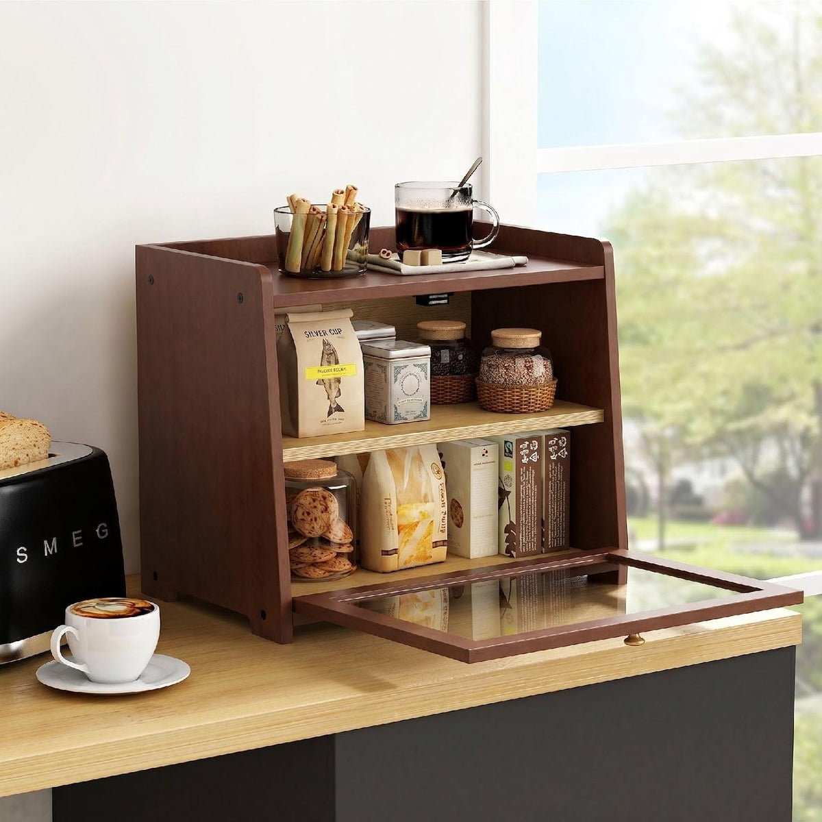 Goozii 2 Tier Bread Box for Kitchen Countertop, Double Layer Breadbox | Dark Brown Bamboo Wood | Storage Cabinet for