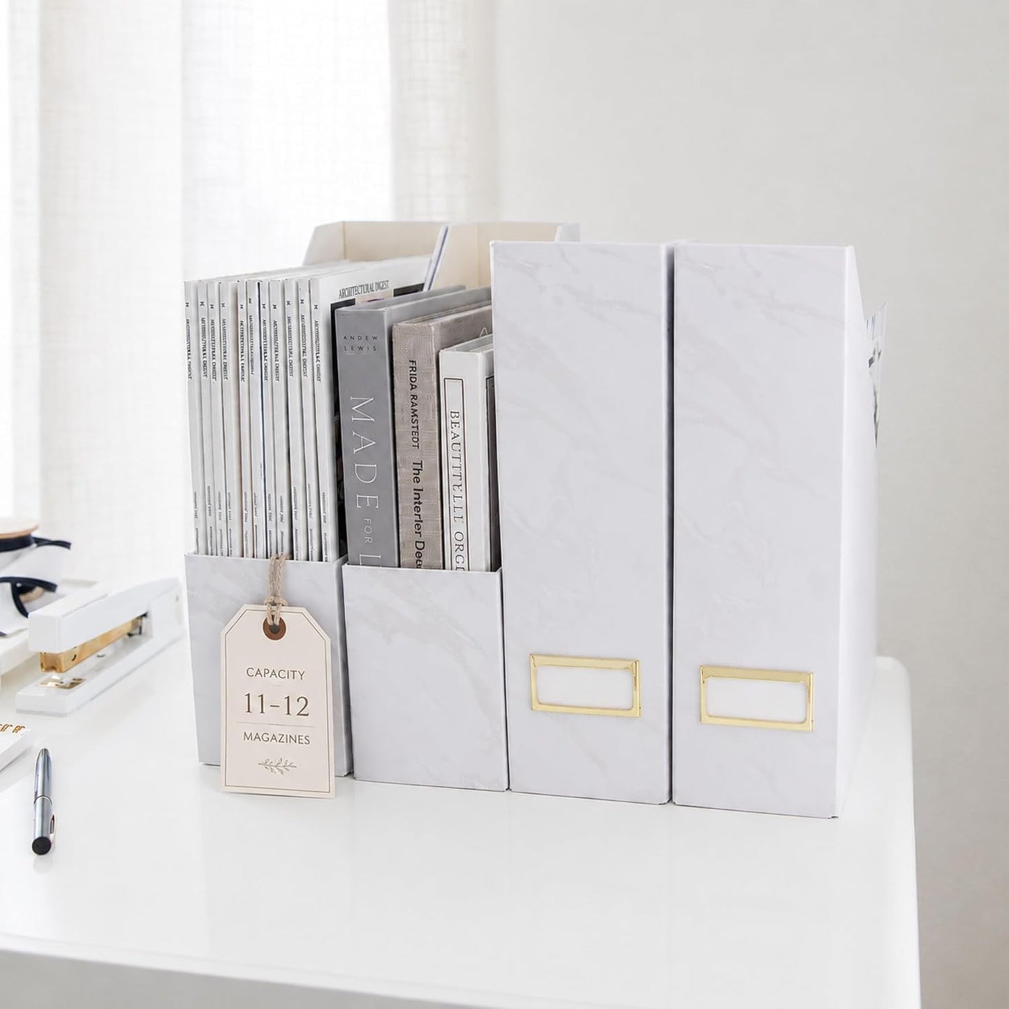 BLU MONACO Set of 4 Magazine Holders | White Marble Design with Gold Label Holders | Foldable File Organizer Boxes for