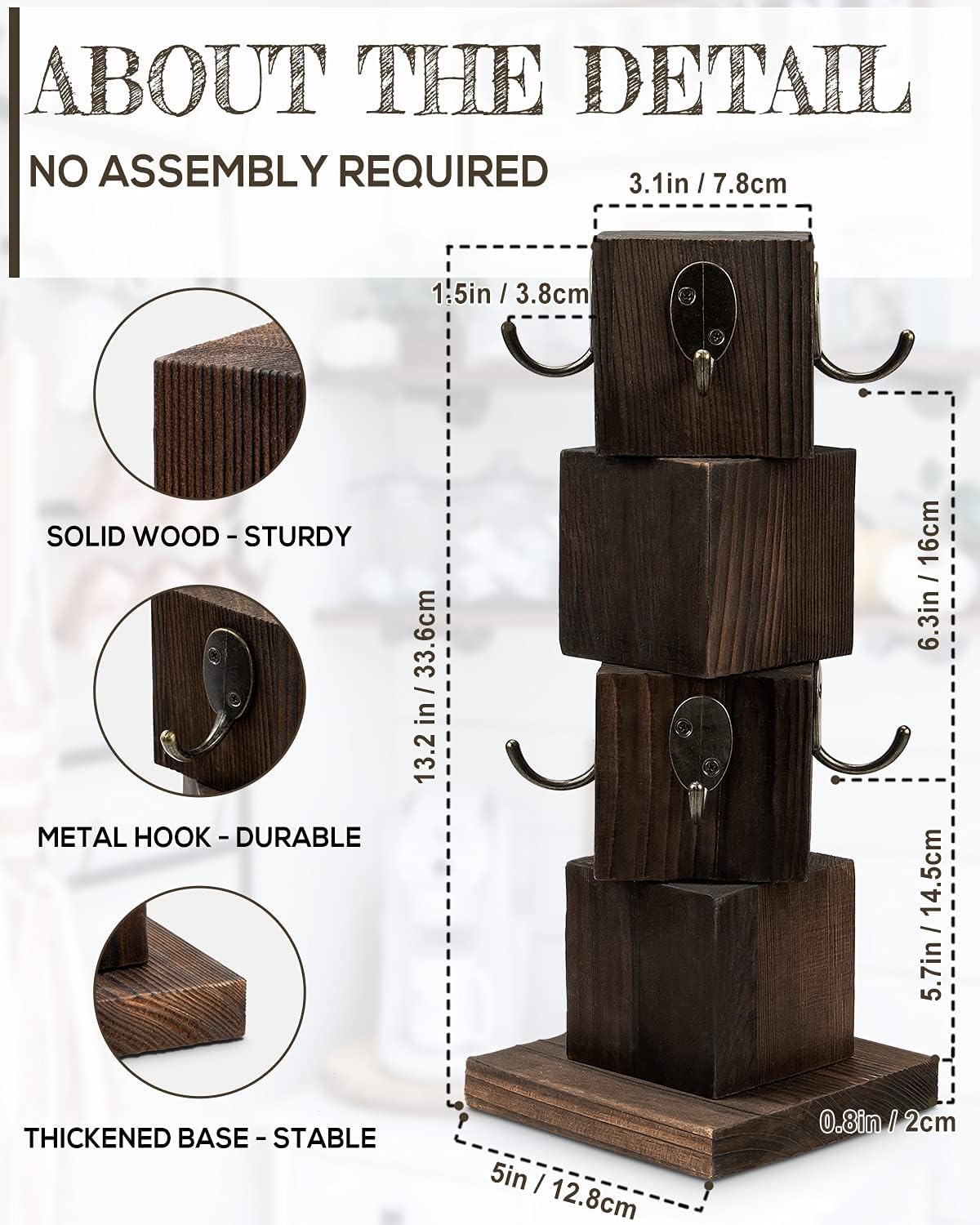 Coffee Mug Holder for Counter, Rustic Solid Wood Mug Tree | Farmhouse Wooden Coffee Cup Rack with 8 Hooks (Rustic Brown)
