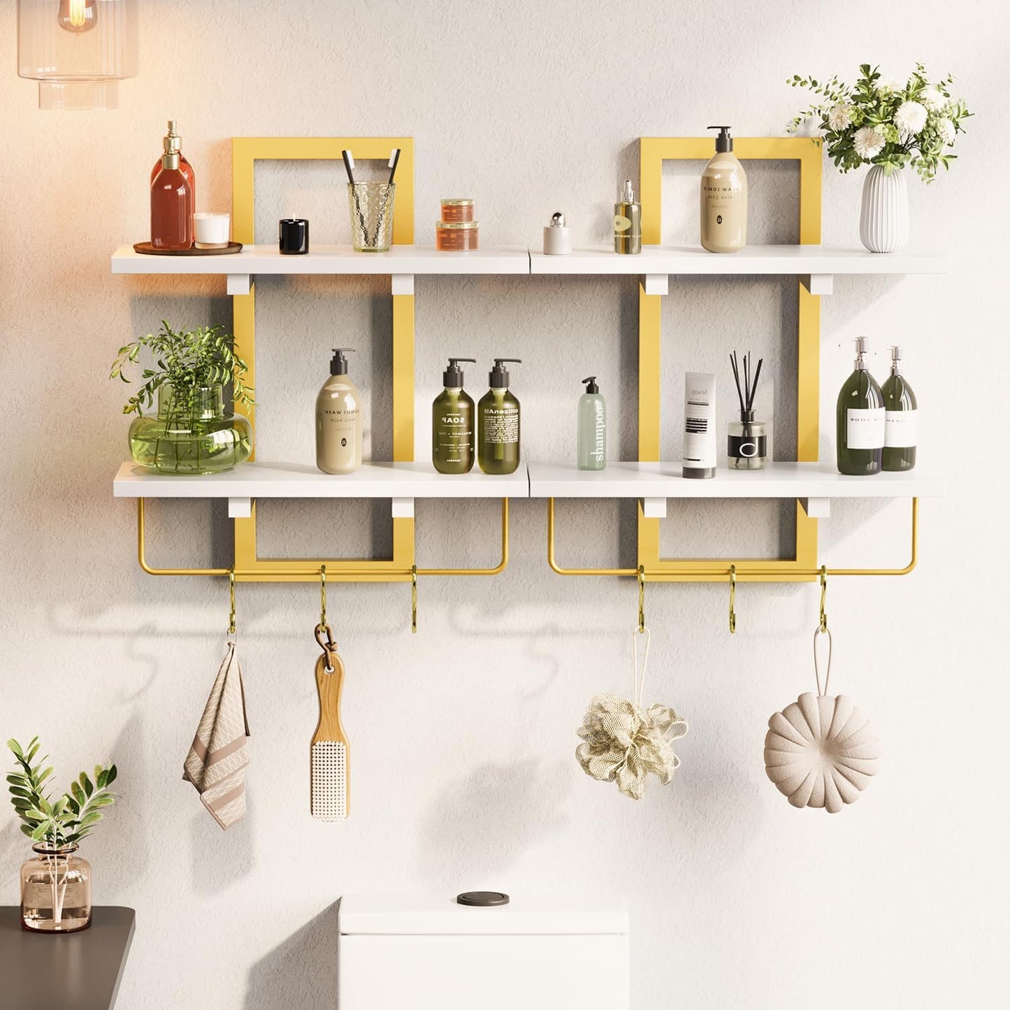 Floating Shelves / Wall Mounted Storage Shelves / White + Gold / Set of 2