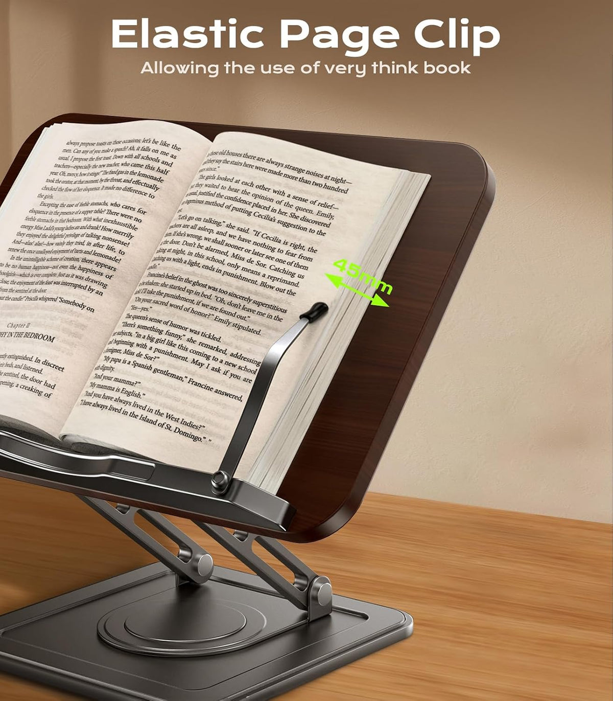 LOXP Book Stand for Reading, 360° Rotating Holder with Page Clip, Ergonomic | Adjustable height angle, Hands-free
