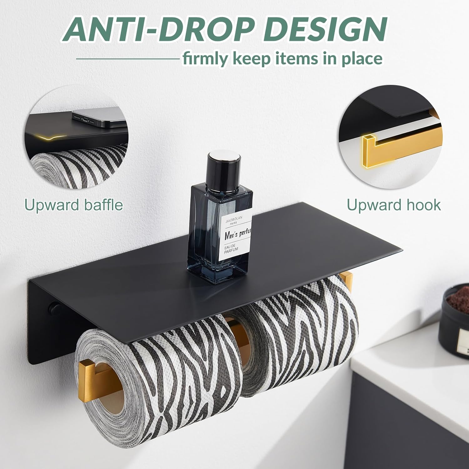 APLusee Double Toilet Paper Holder with Shelf, Black Gold, Wall Mounted | 304 Stainless Steel Tissue Holder, Rustproof