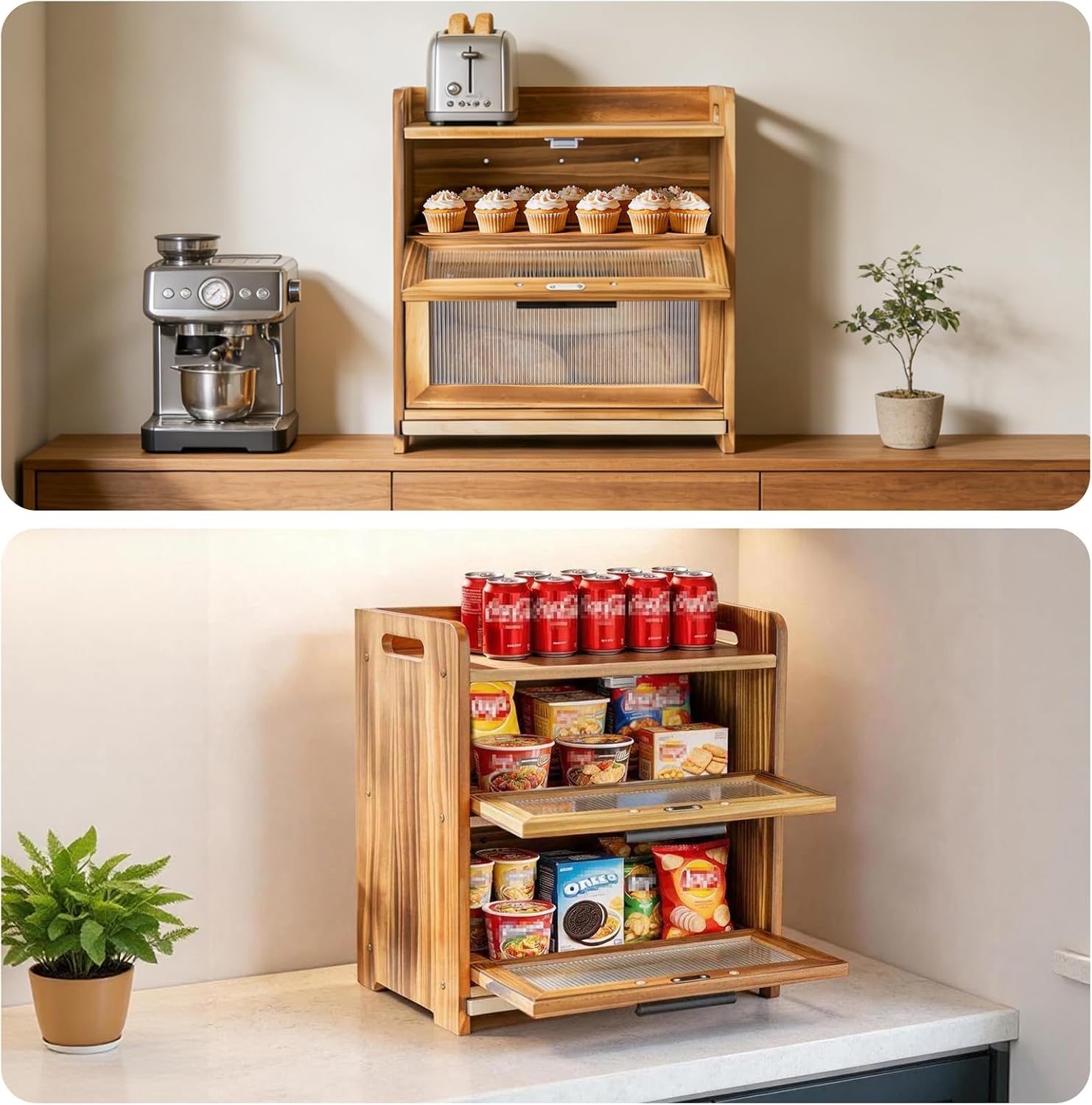 Bread Box for Kitchen Countertop, Large Wooden Breadbox with Cutting Board | Double Layer Bread Storage Container for