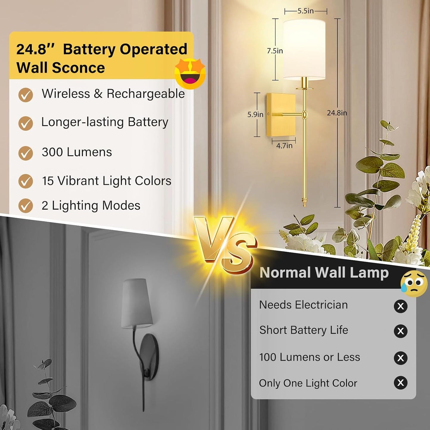 Battery Operated Wall Sconces Set of 2, Rechargeable Sconces with Remote | Gold Wall Lights with White Fabric Shade