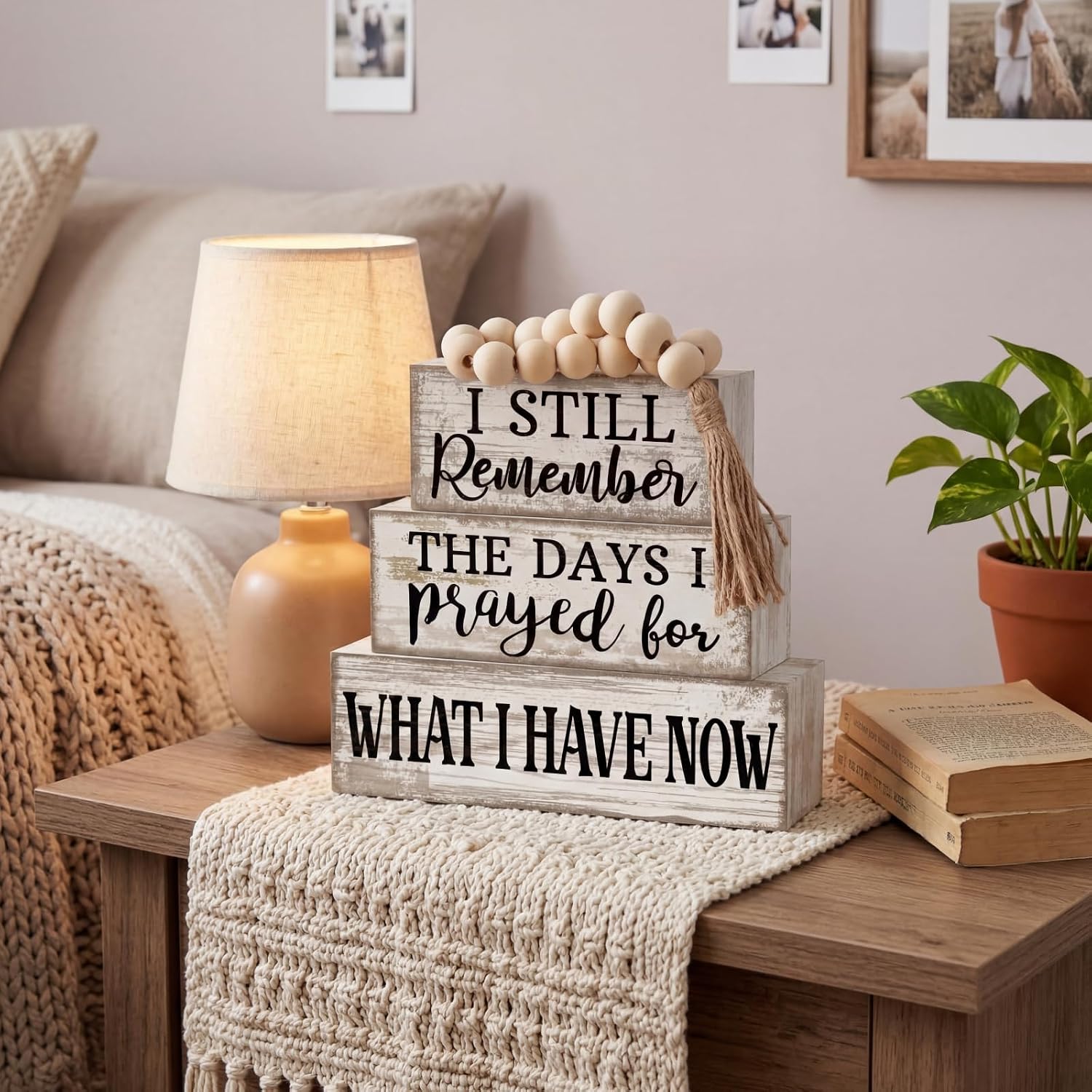 Farmhouse Wooden Tabletop Decor Rustic Retro Wood Bead Garland I Still Remember / Prayed / Set of 4