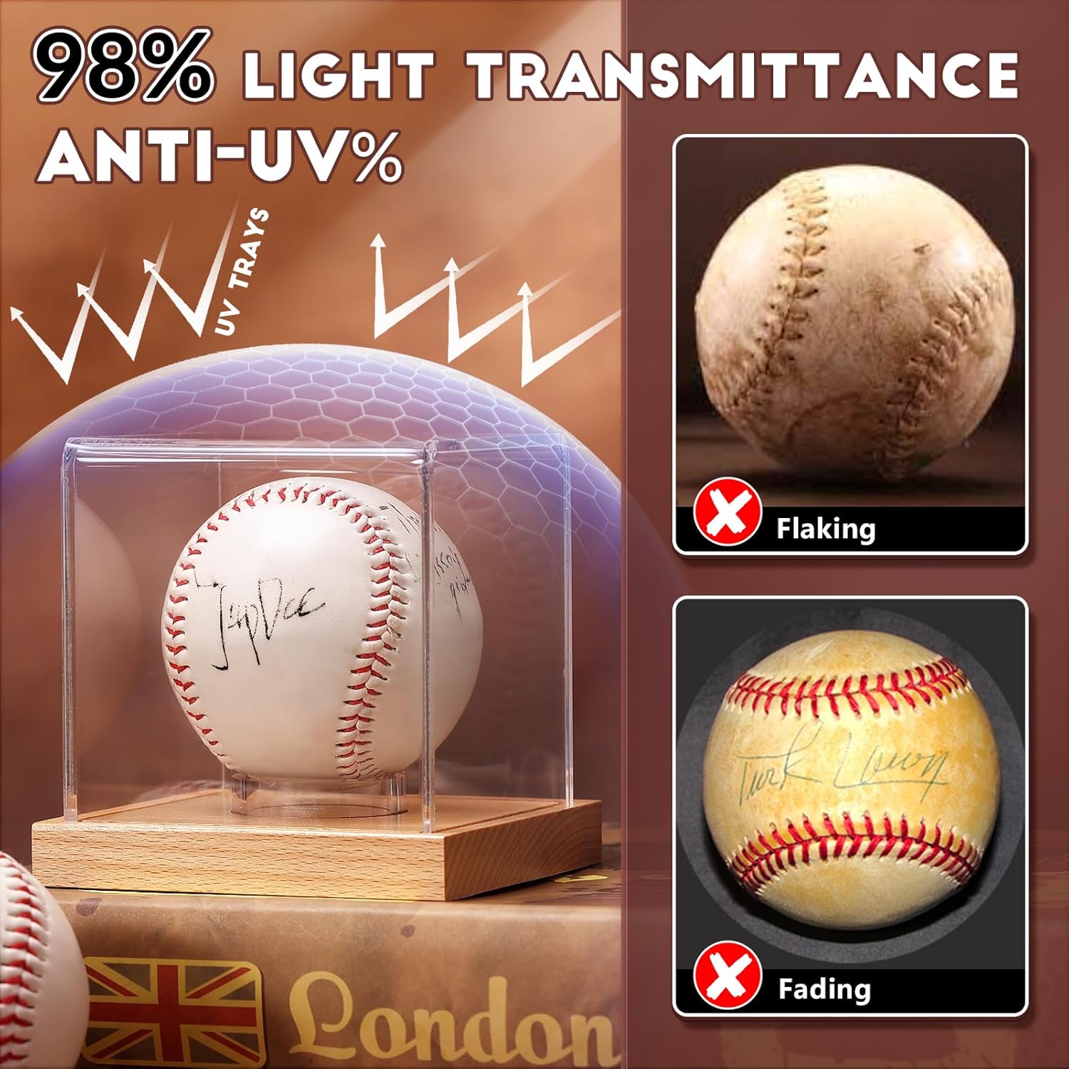 Baseball Display Case, Clear Cube Baseball Holder with Wooden Base, Autograph Baseball Stand Box for Single Ball, Pine