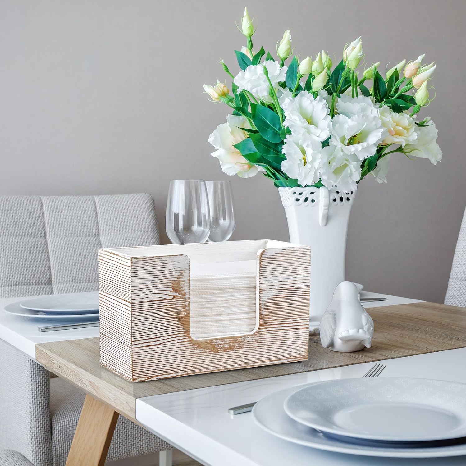Paper Towel Dispenser Countertop, White Washed Wood Bathroom Paper Towel Holder, Napkin Holder for Kitchen, Countertop