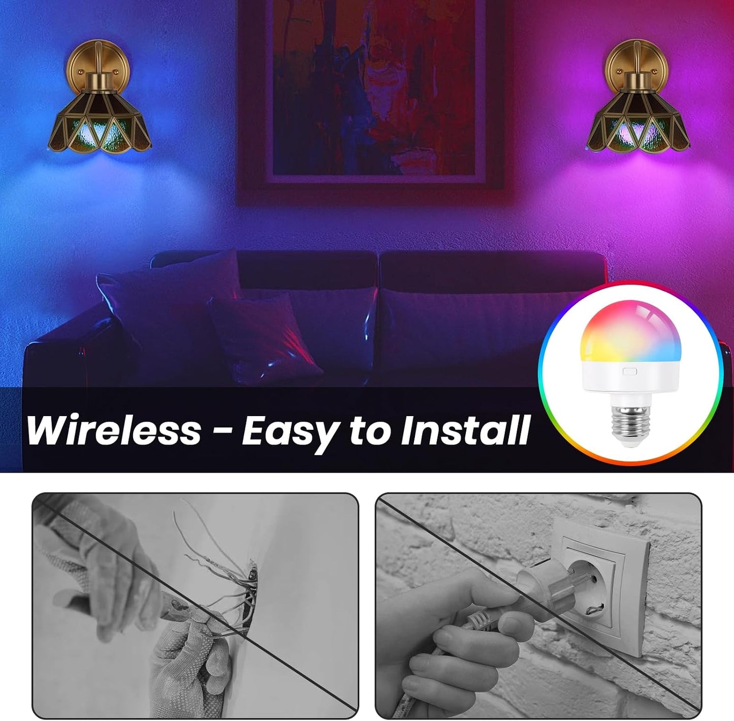 Battery Operated Sconces Set of 2, Vintage Wall Light with Remote, Rechargeable Wall Sconces RGB, No Socket Required
