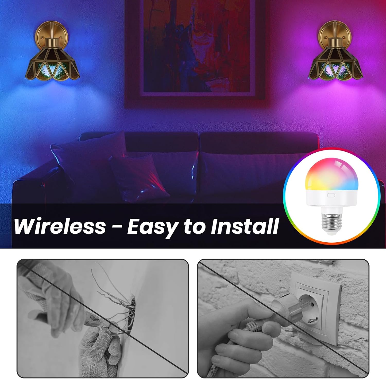 Battery Operated Sconces Set of 2, Vintage Wall Light with Remote, Rechargeable Wall Sconces RGB, No Socket Required