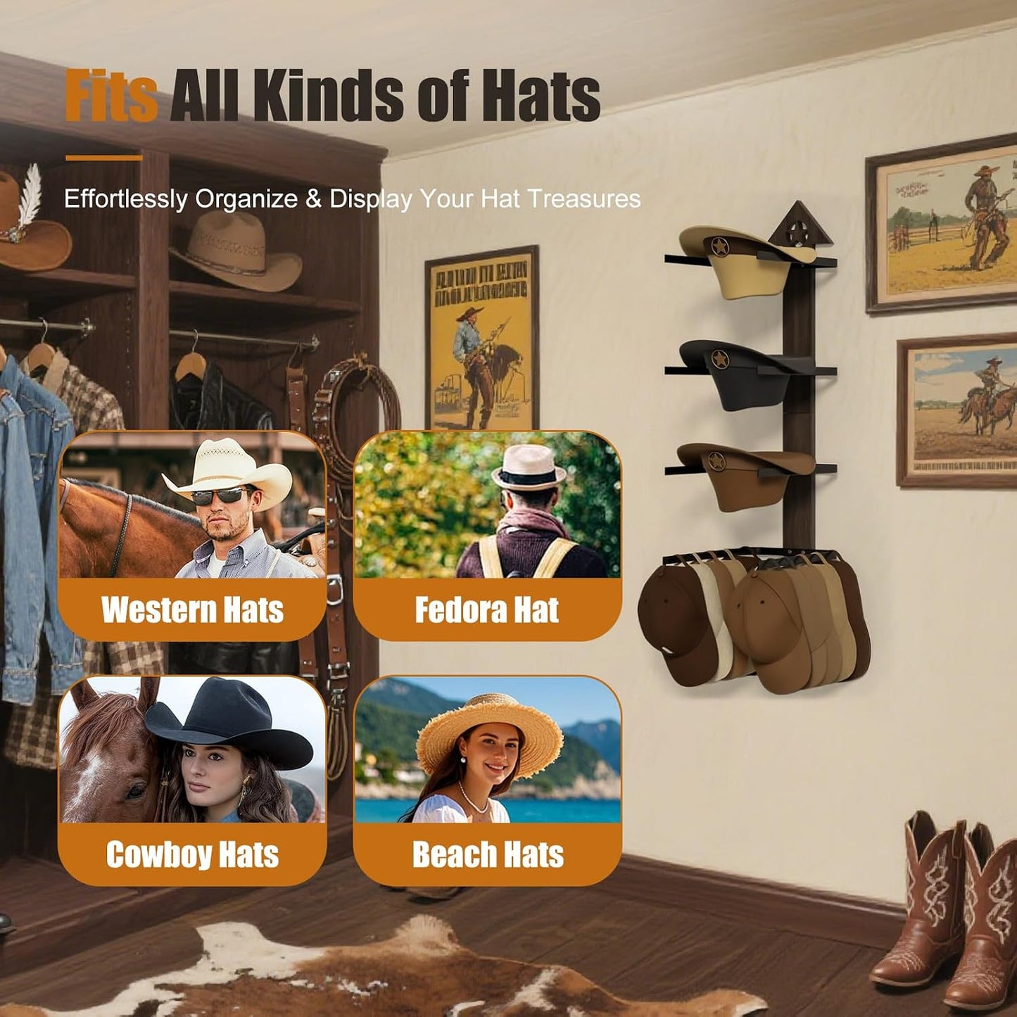 Cowboy Hat Rack -Cowboy hat holder for wall With Heavy- Organize and Display Your Hats with Ease, Wall Mounted Hat